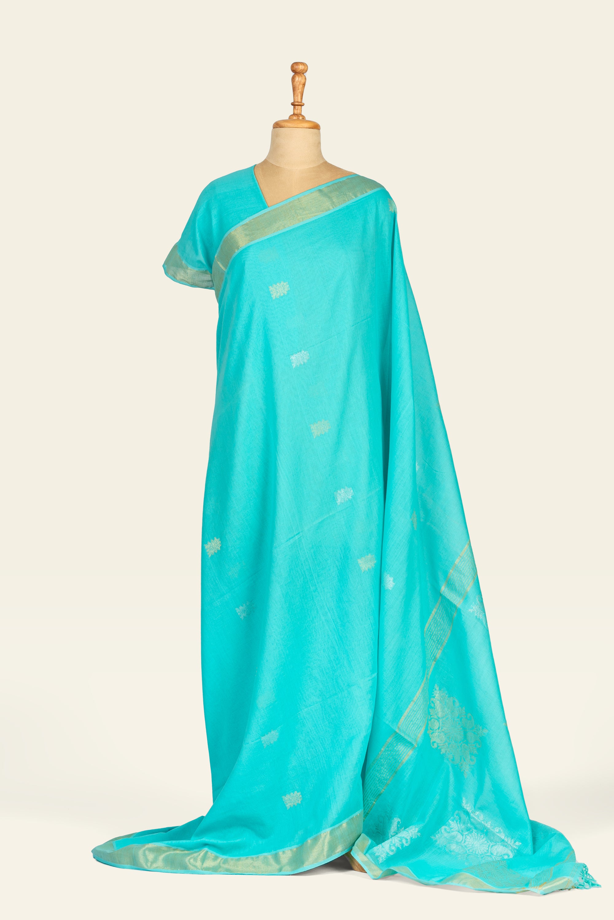 Turquoise Blue Bengal Cotton Saree