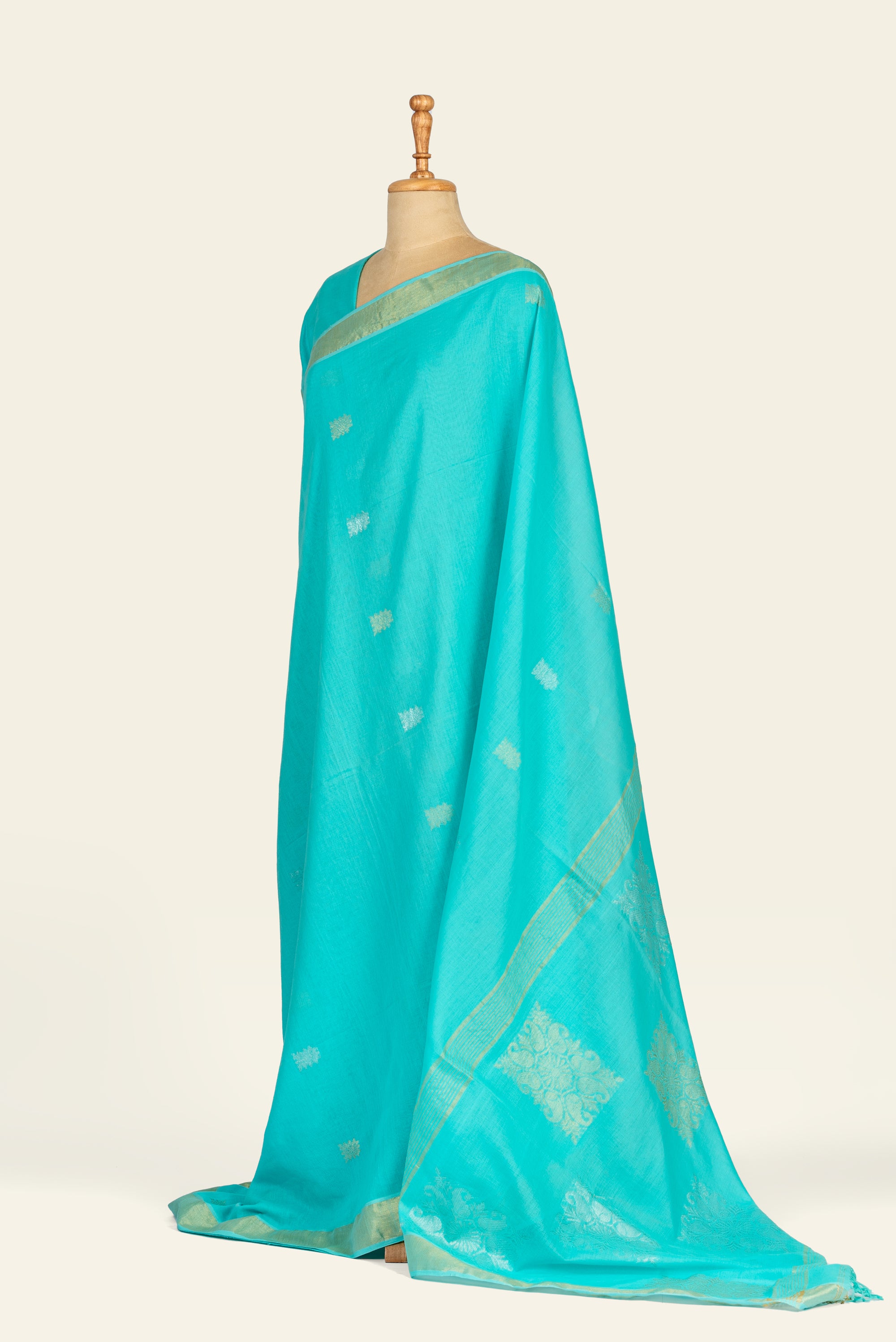 Turquoise Blue Bengal Cotton Saree