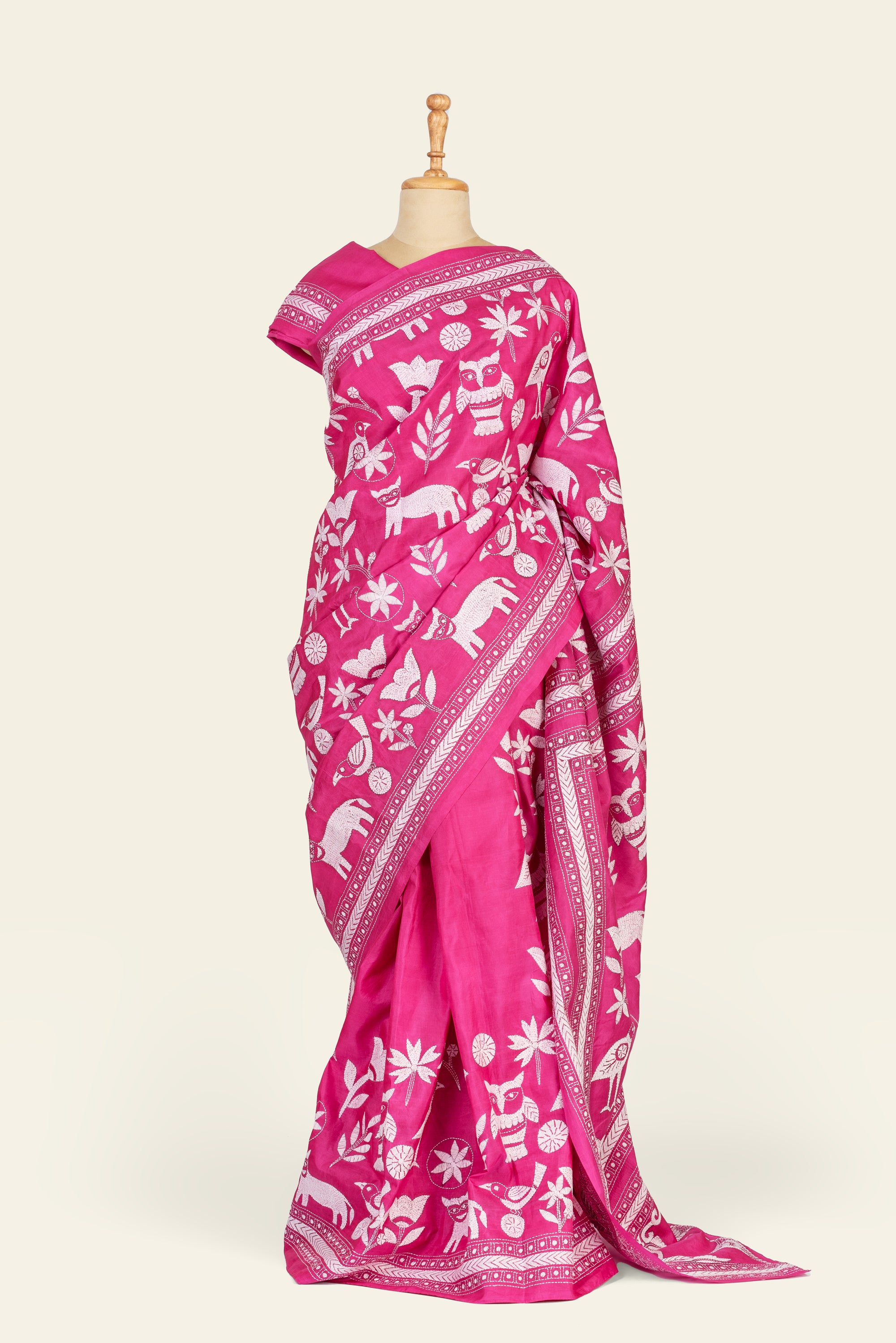 Pink Bengal Kantha Stitch Pure Silk Saree