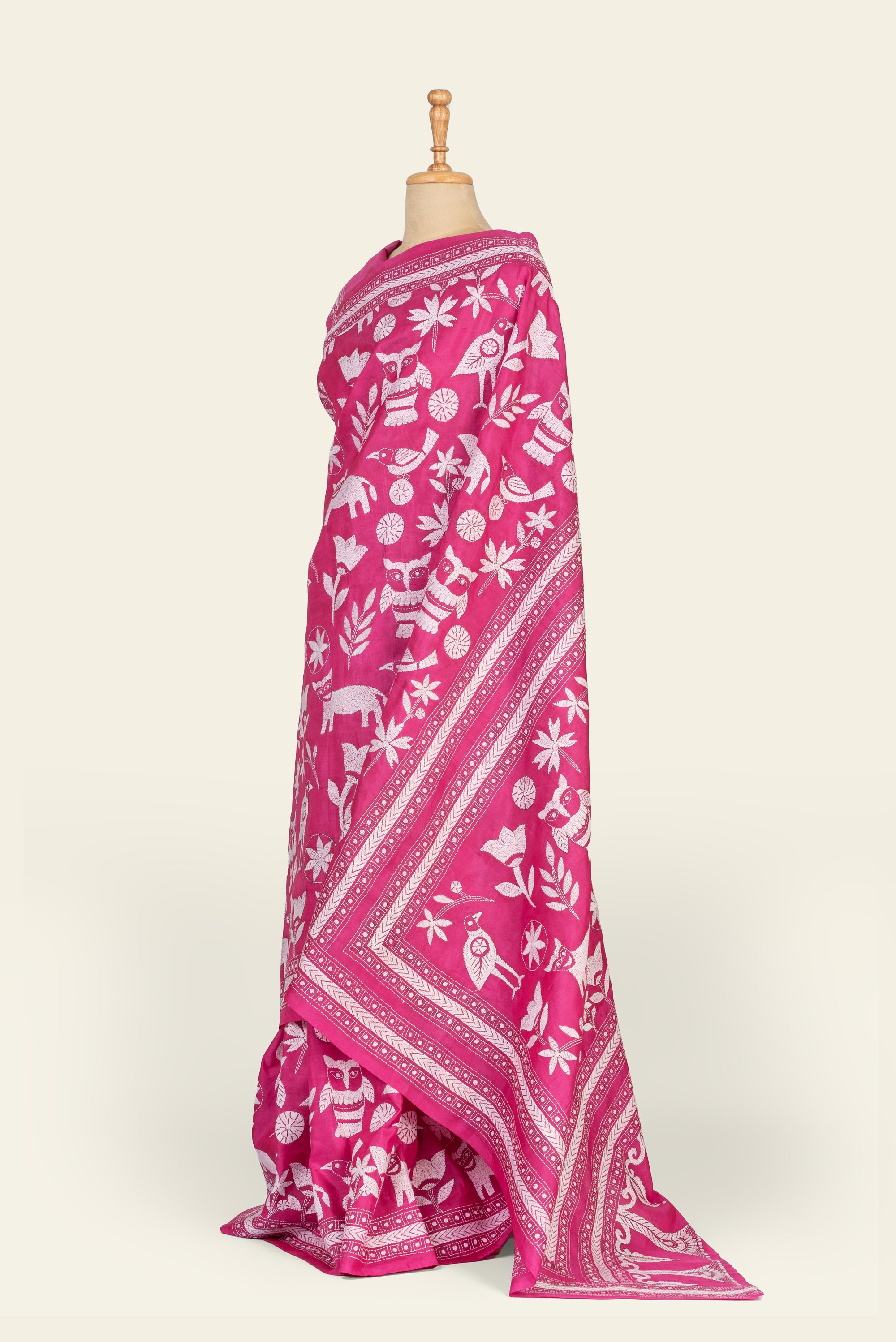 Pink Bengal Kantha Stitch Pure Silk Saree