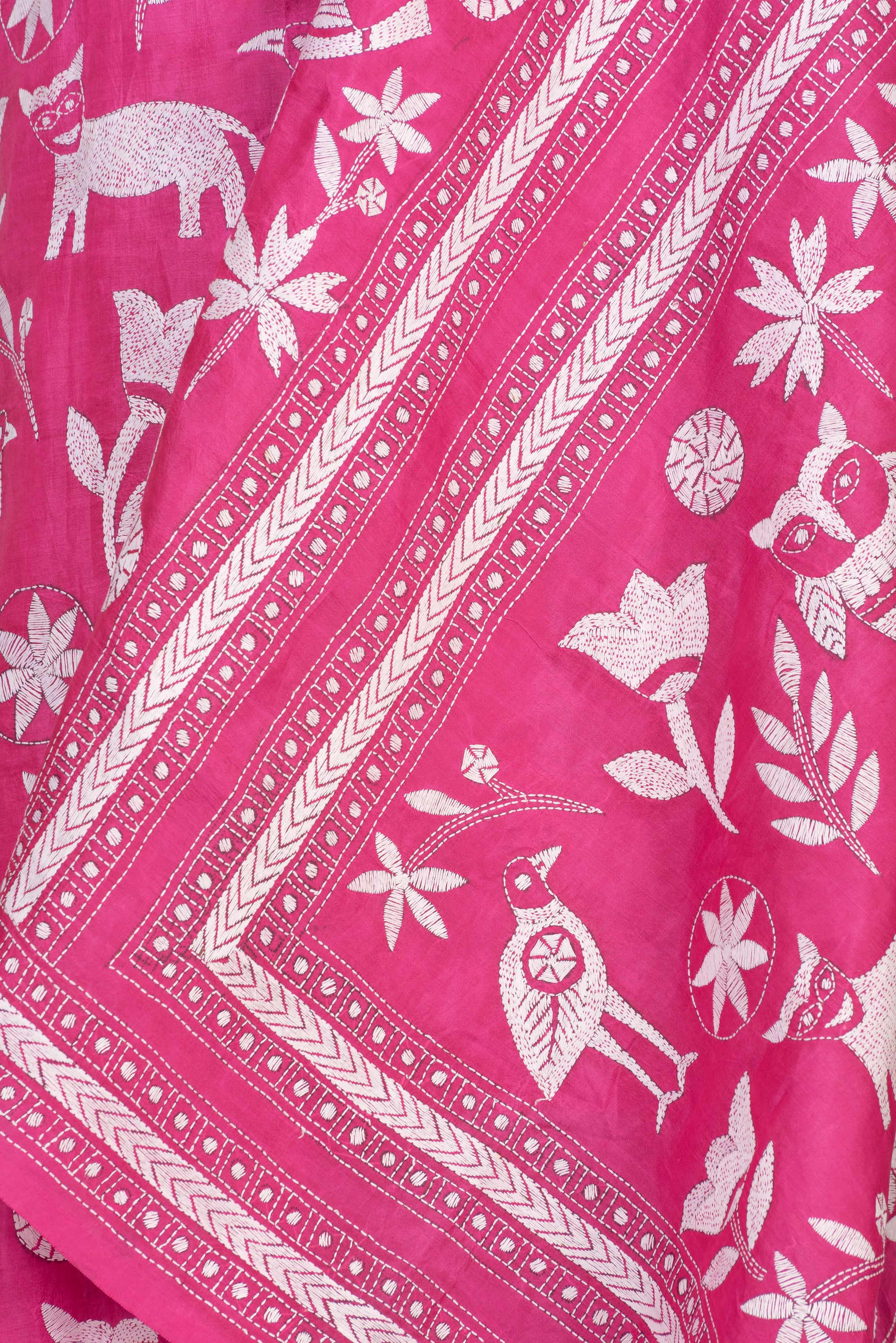 Pink Bengal Kantha Stitch Pure Silk Saree