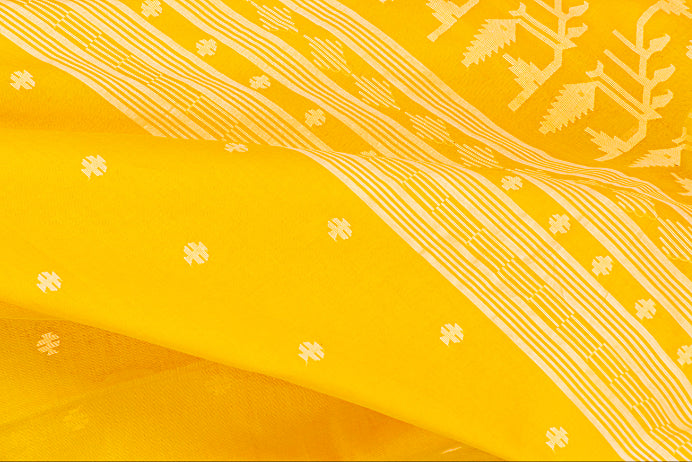 Yellow Cotton saree with white jamdani style patterns