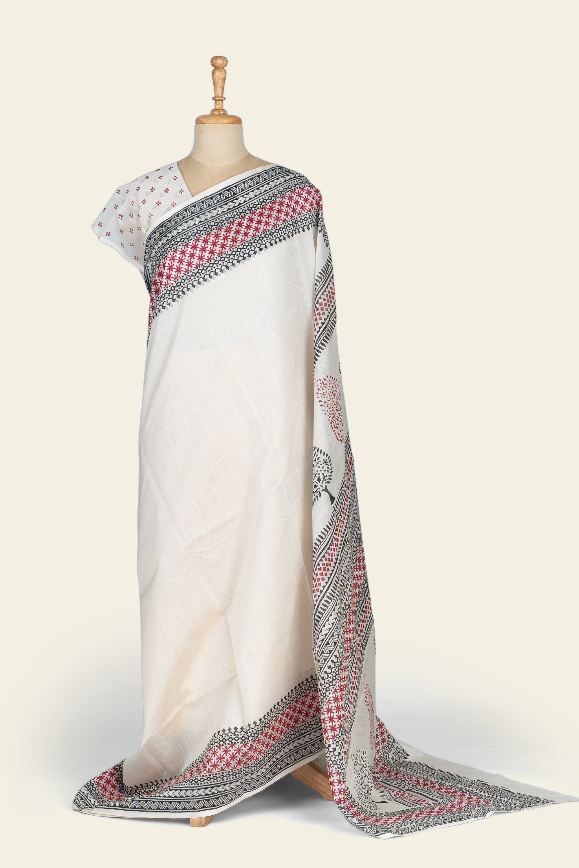 White Hand Block Print Chanderi Silk Cotton Saree