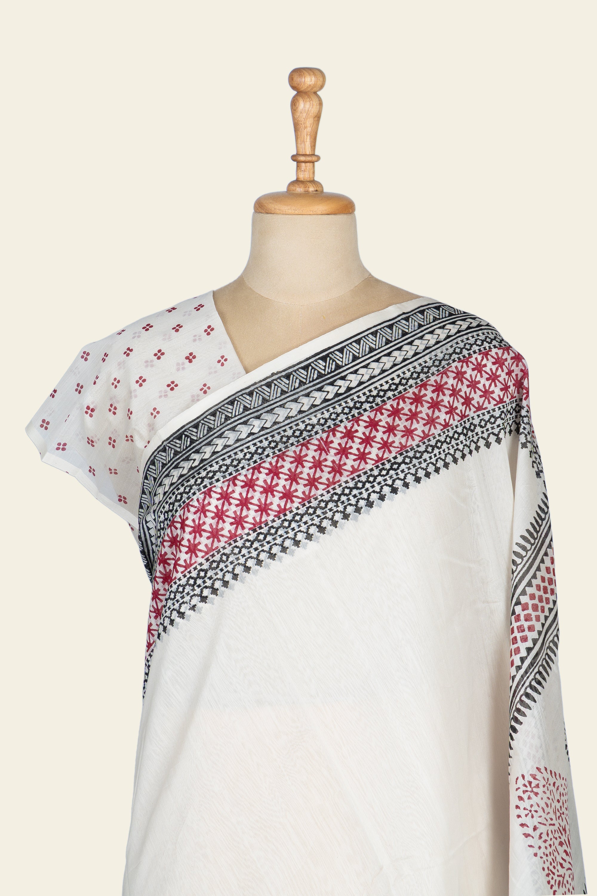 White Hand Block Print Chanderi Silk Cotton Saree