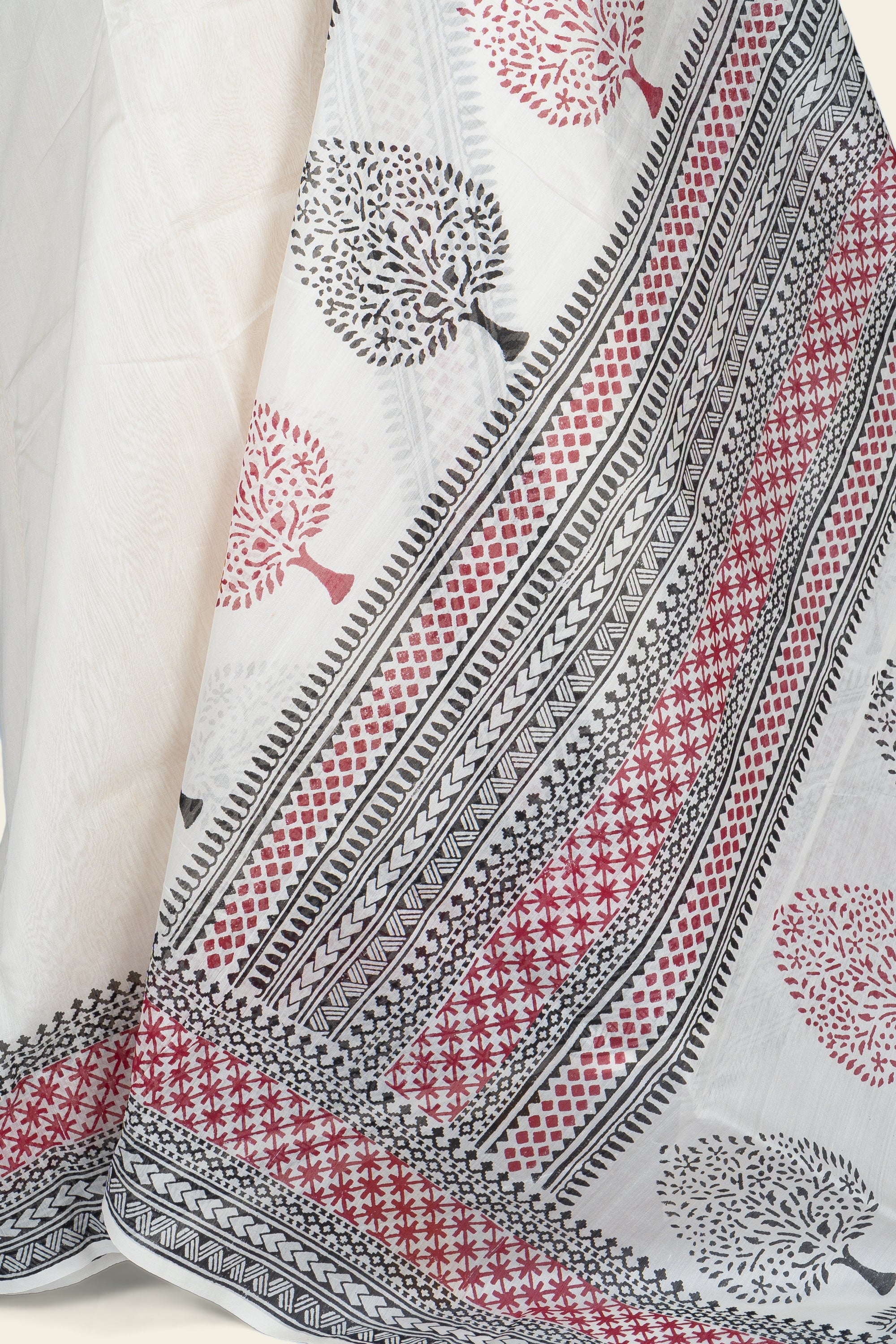 White Hand Block Print Chanderi Silk Cotton Saree