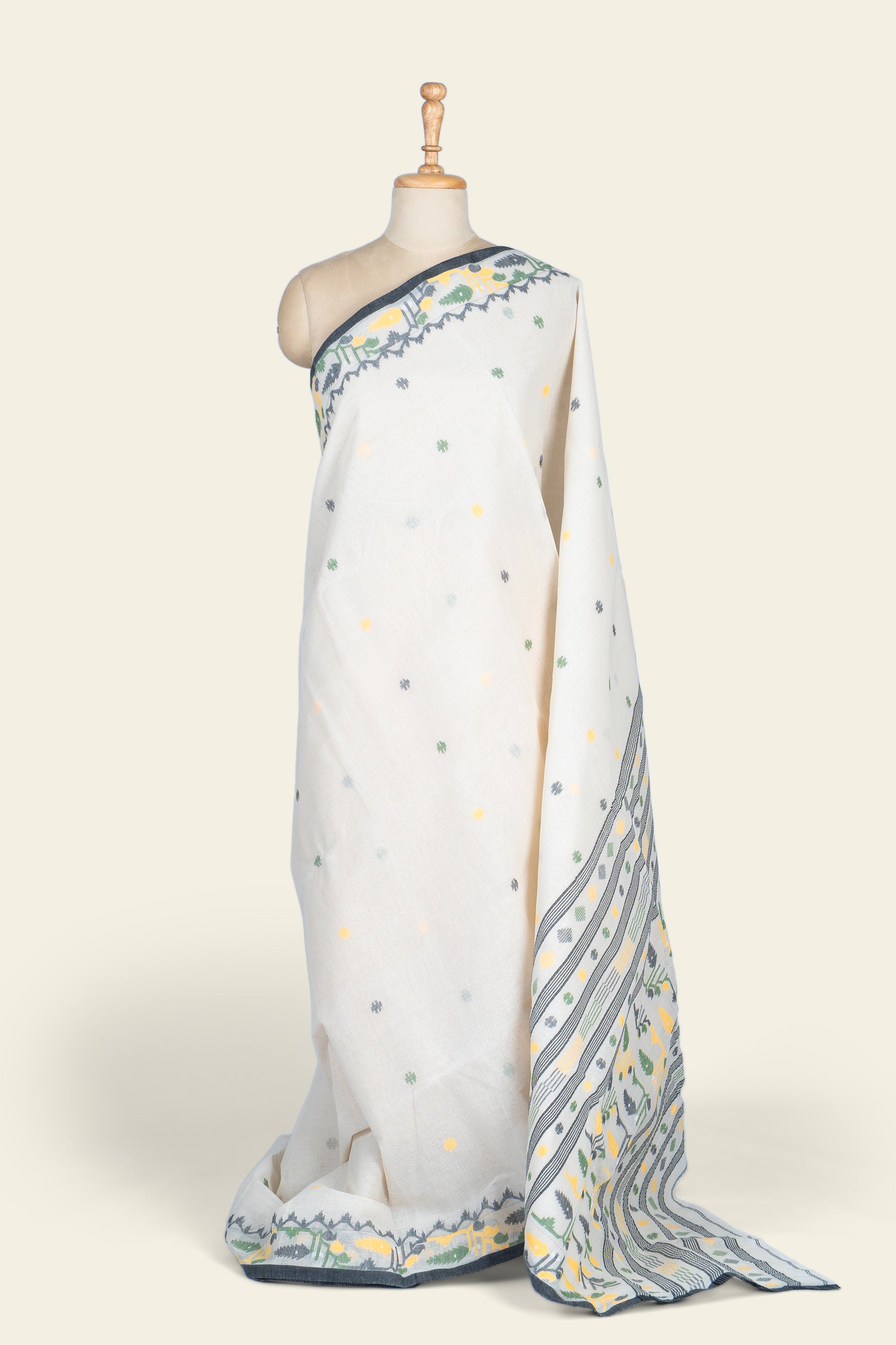 Muted White Jamdani Bengal Cotton Saree