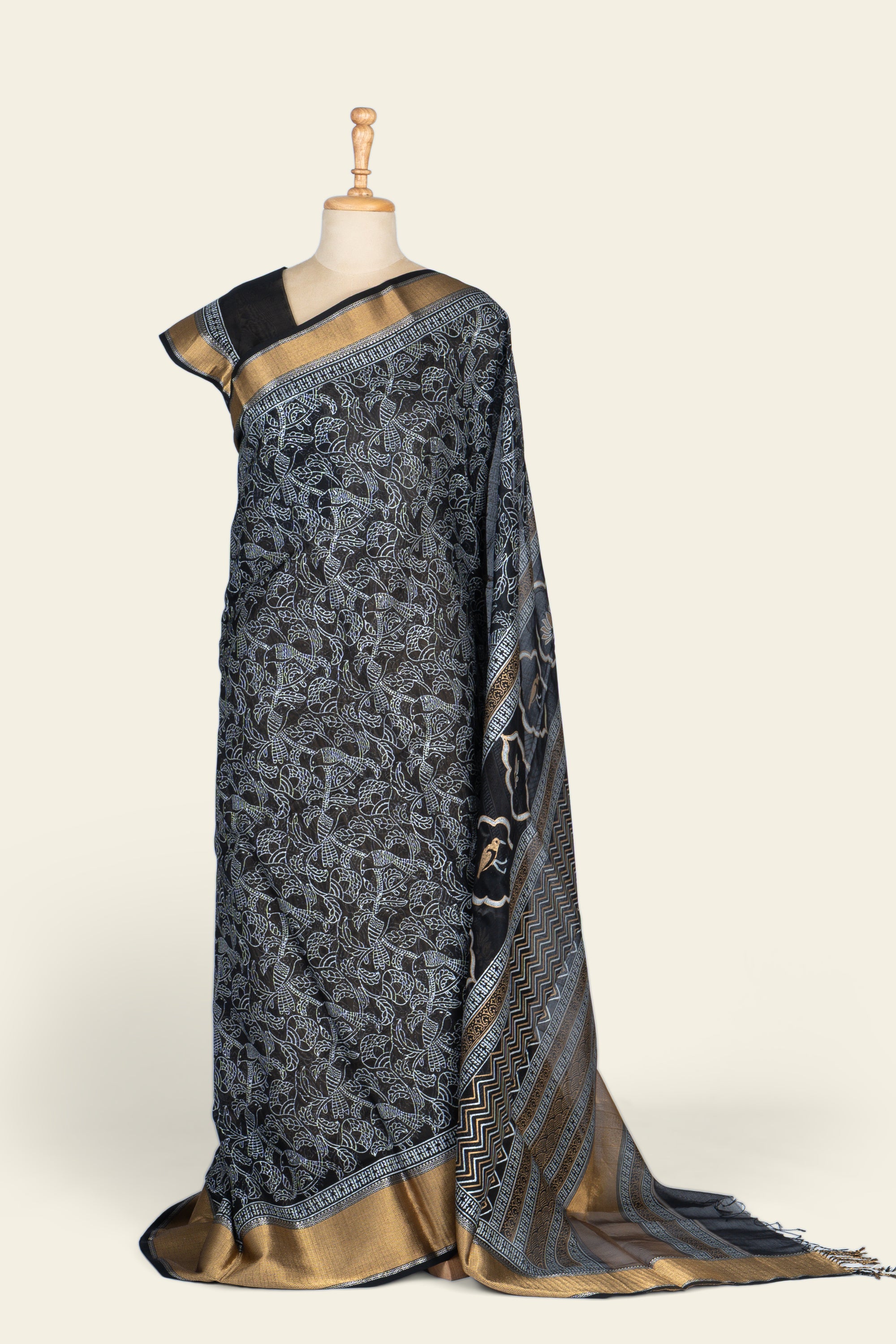 Black Handblock Print Maheshwari Silk Cotton Saree