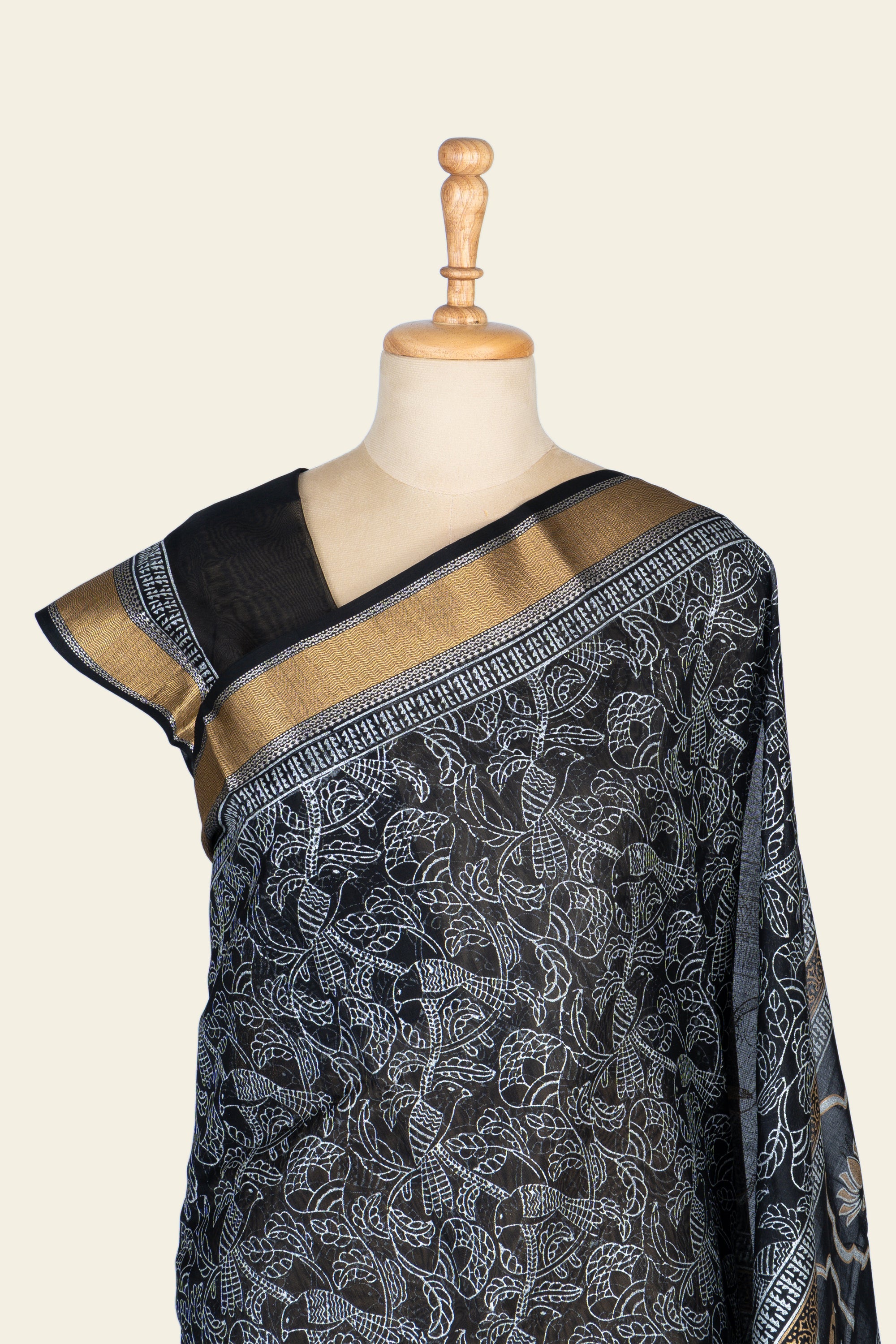 Black Handblock Print Maheshwari Silk Cotton Saree