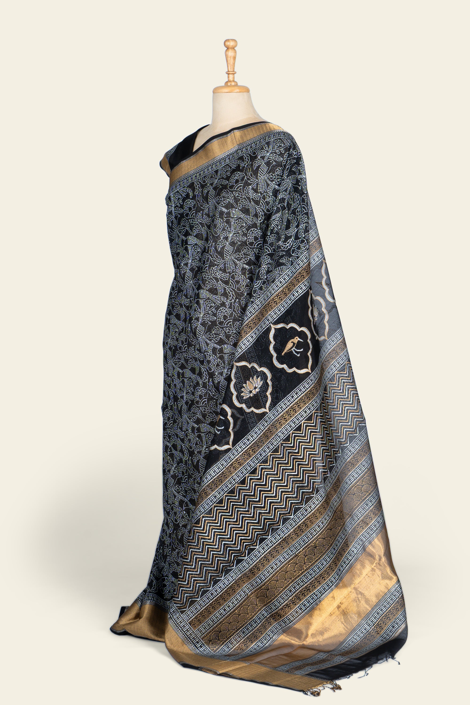 Black Handblock Print Maheshwari Silk Cotton Saree