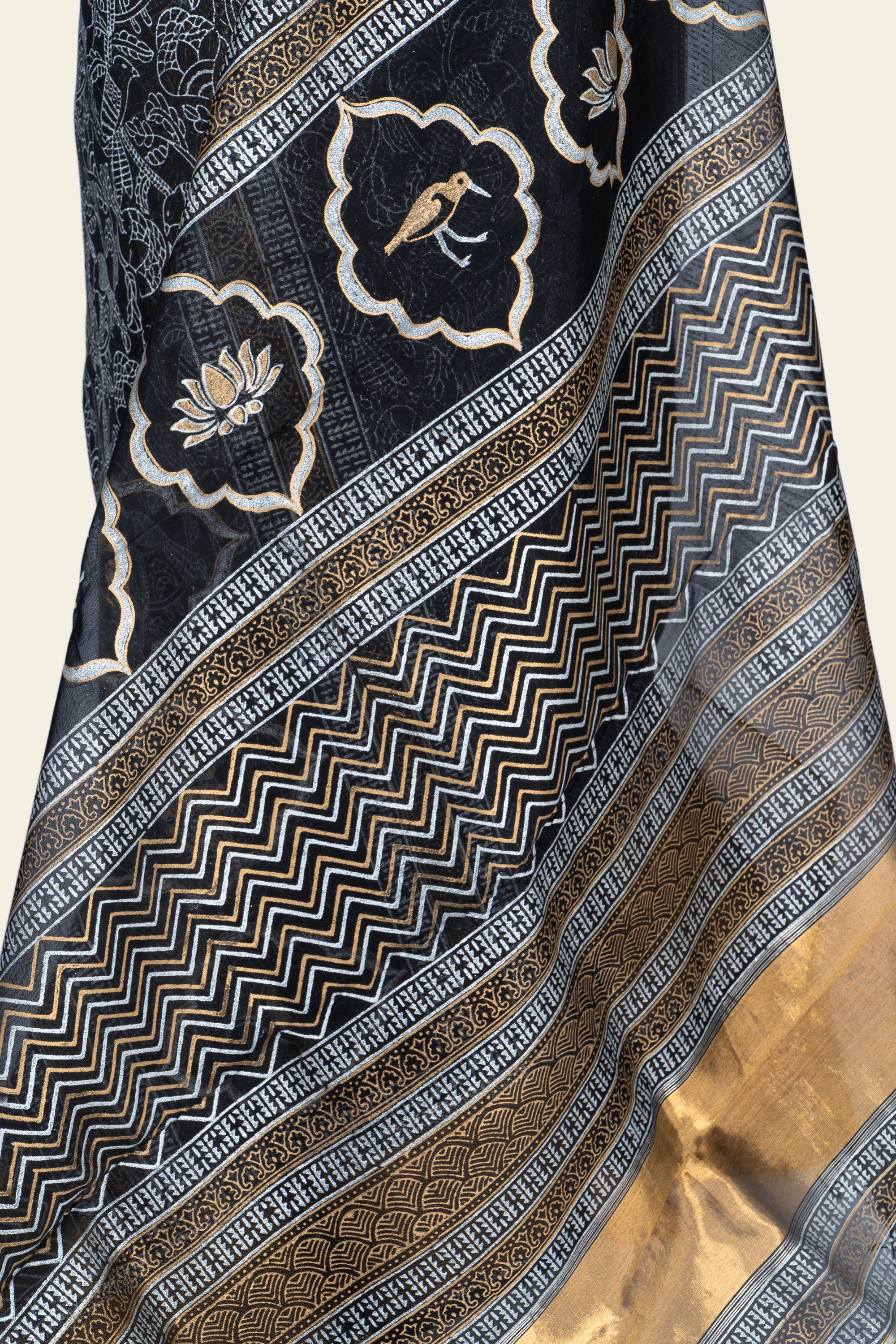 Black Handblock Print Maheshwari Silk Cotton Saree