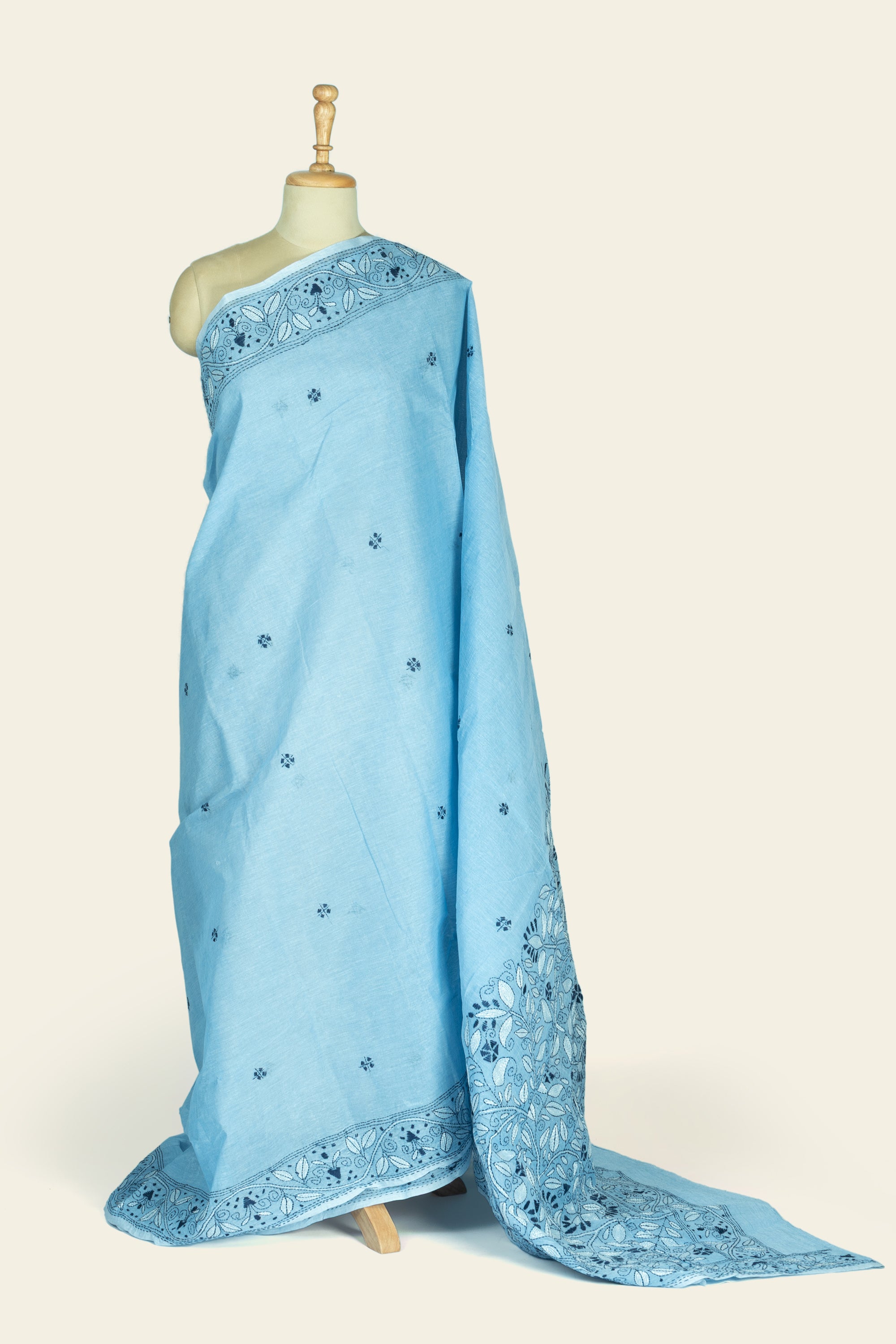 Misty Blue Bengal Kantha Stitch Pure Cotton Saree