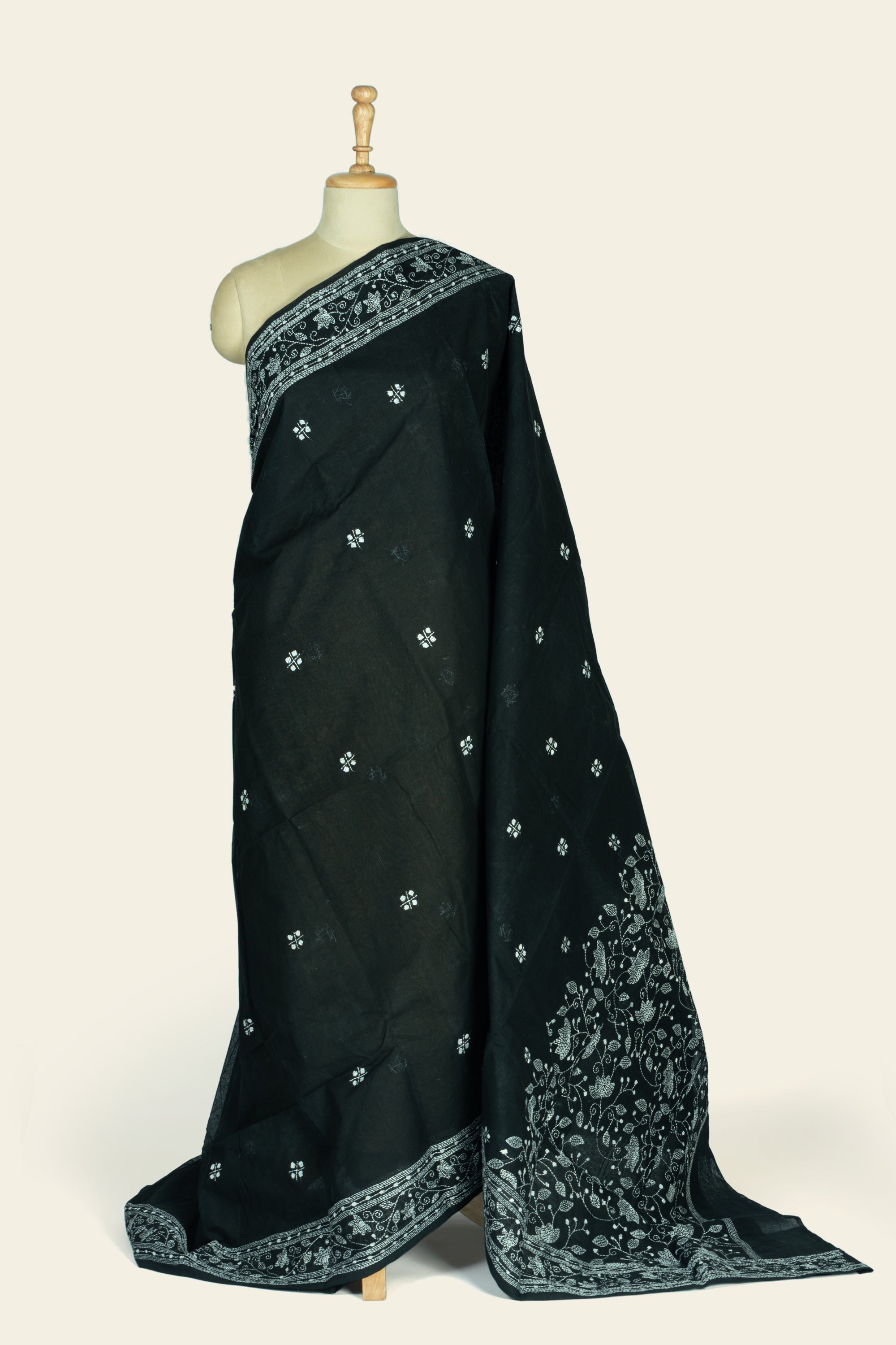 Jet Black Bengal Kantha Stitch Pure Cotton Saree