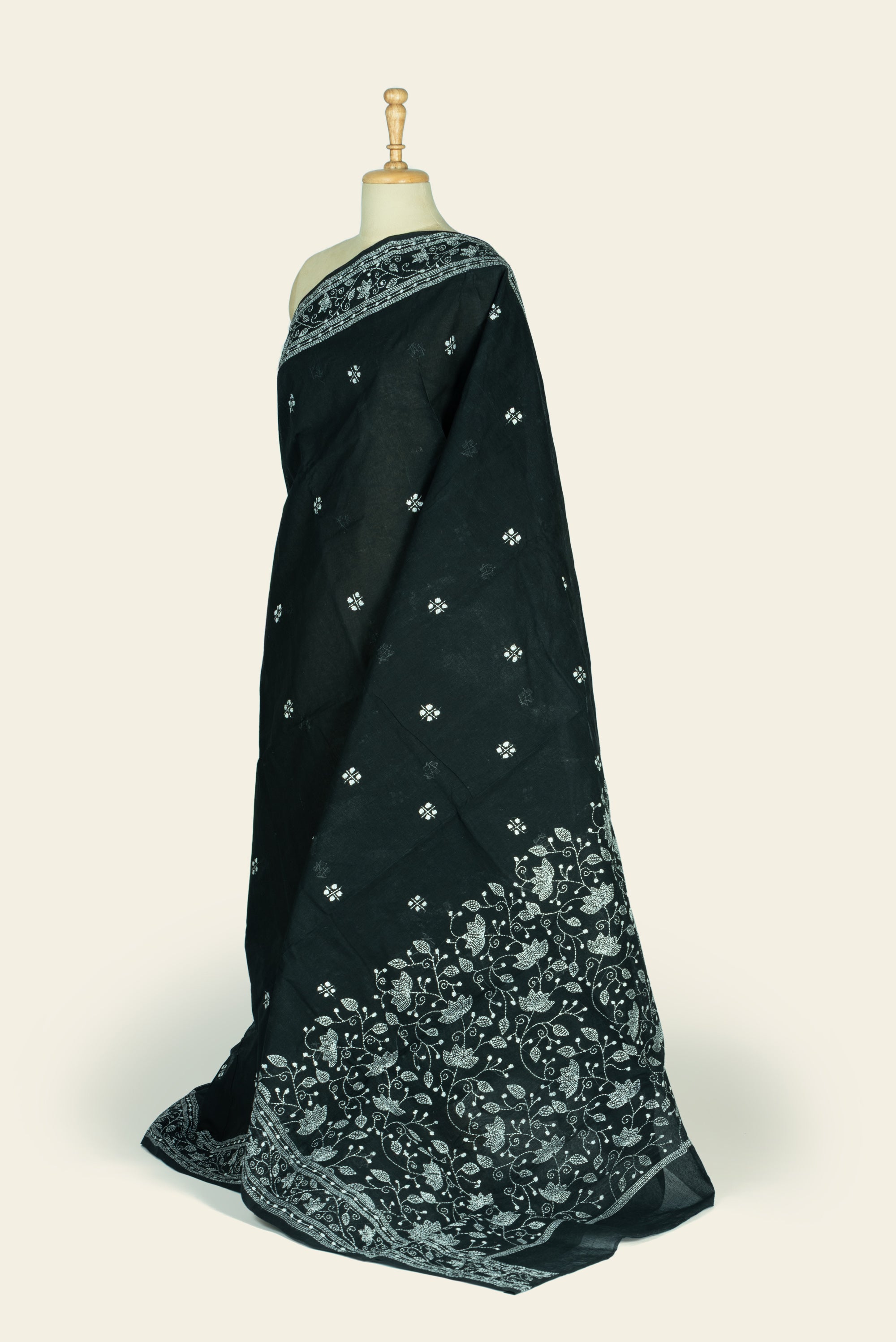 Jet Black Bengal Kantha Stitch Pure Cotton Saree