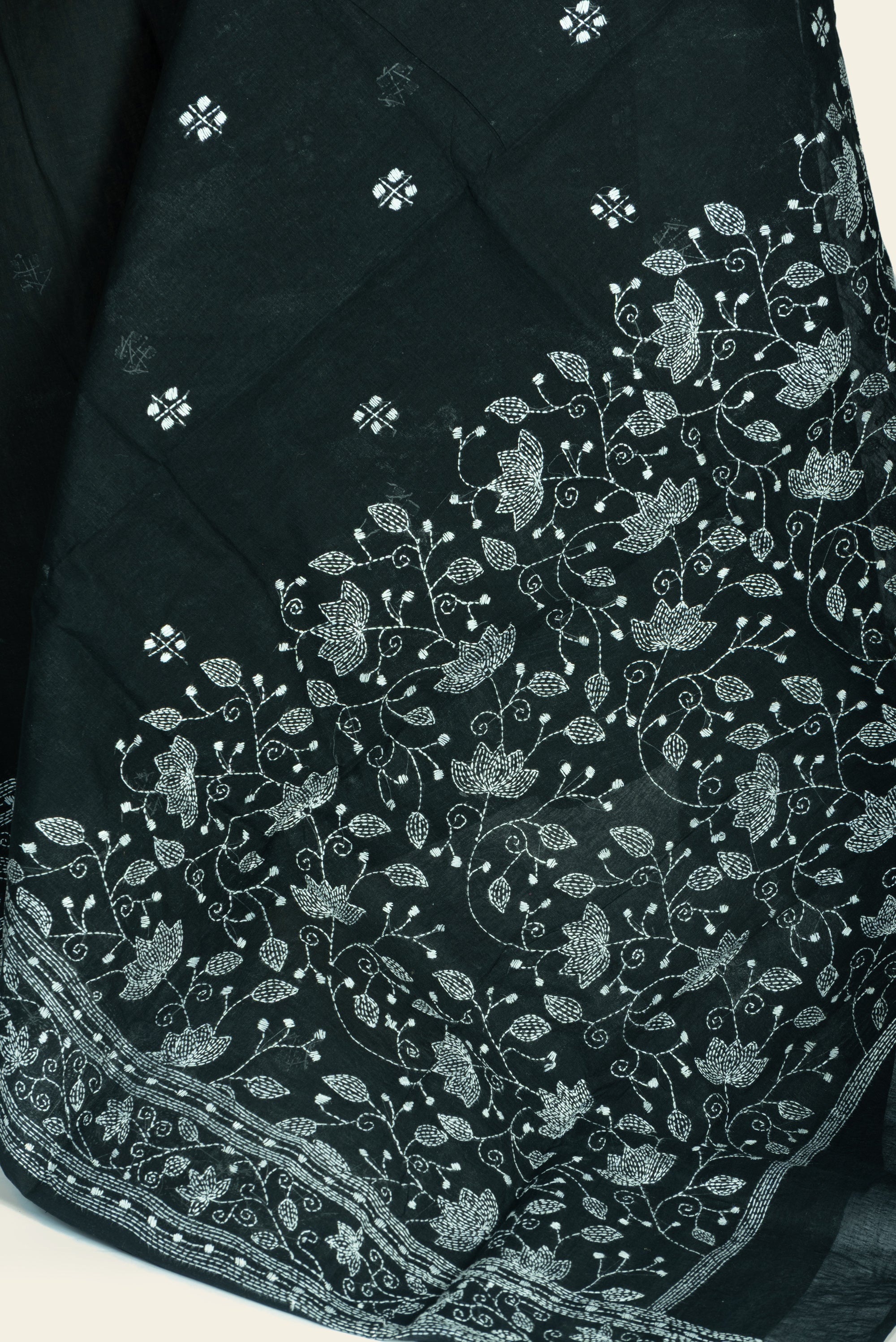 Jet Black Bengal Kantha Stitch Pure Cotton Saree