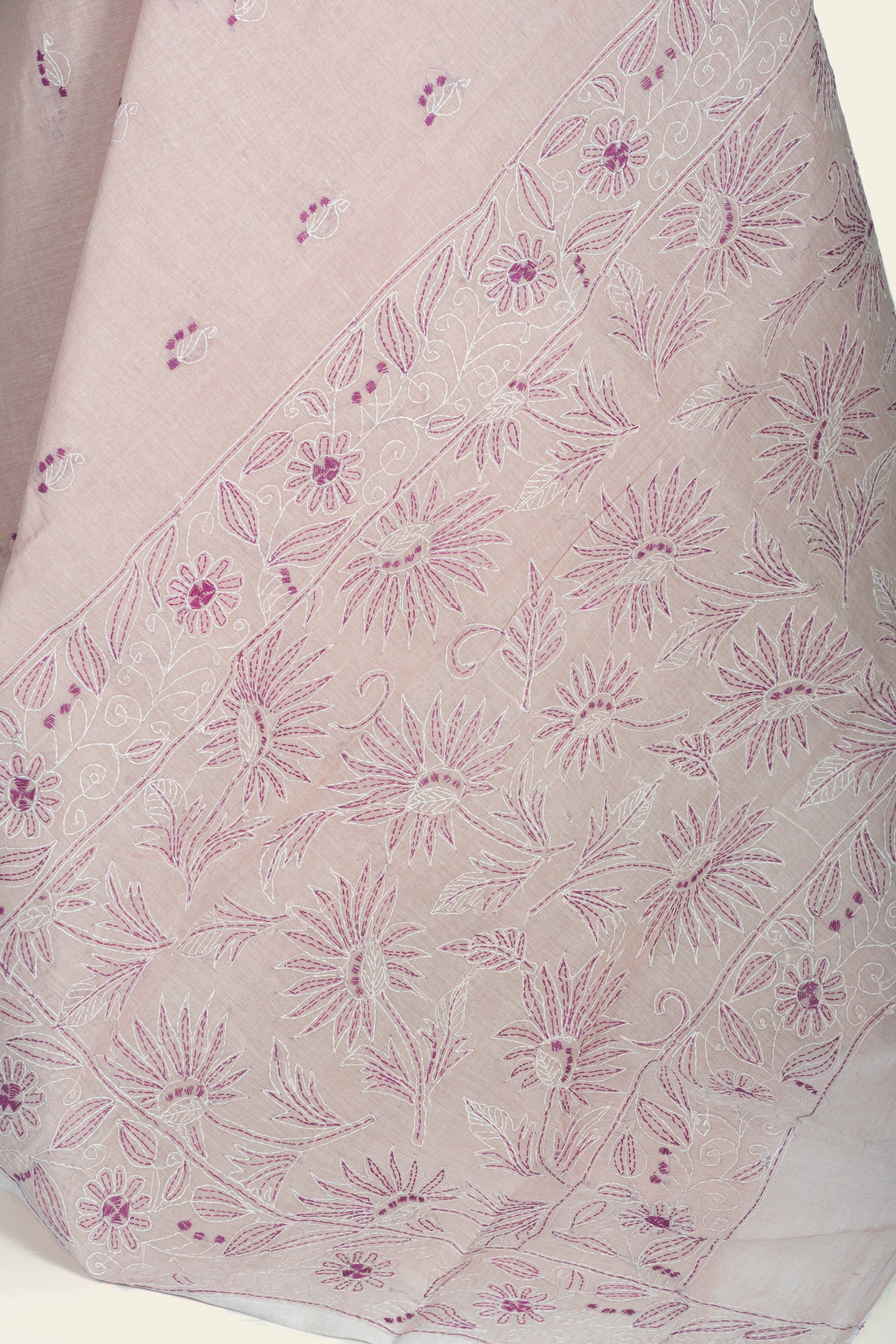 Soft Pink Bengal Kantha Stitch Pure Cotton Saree