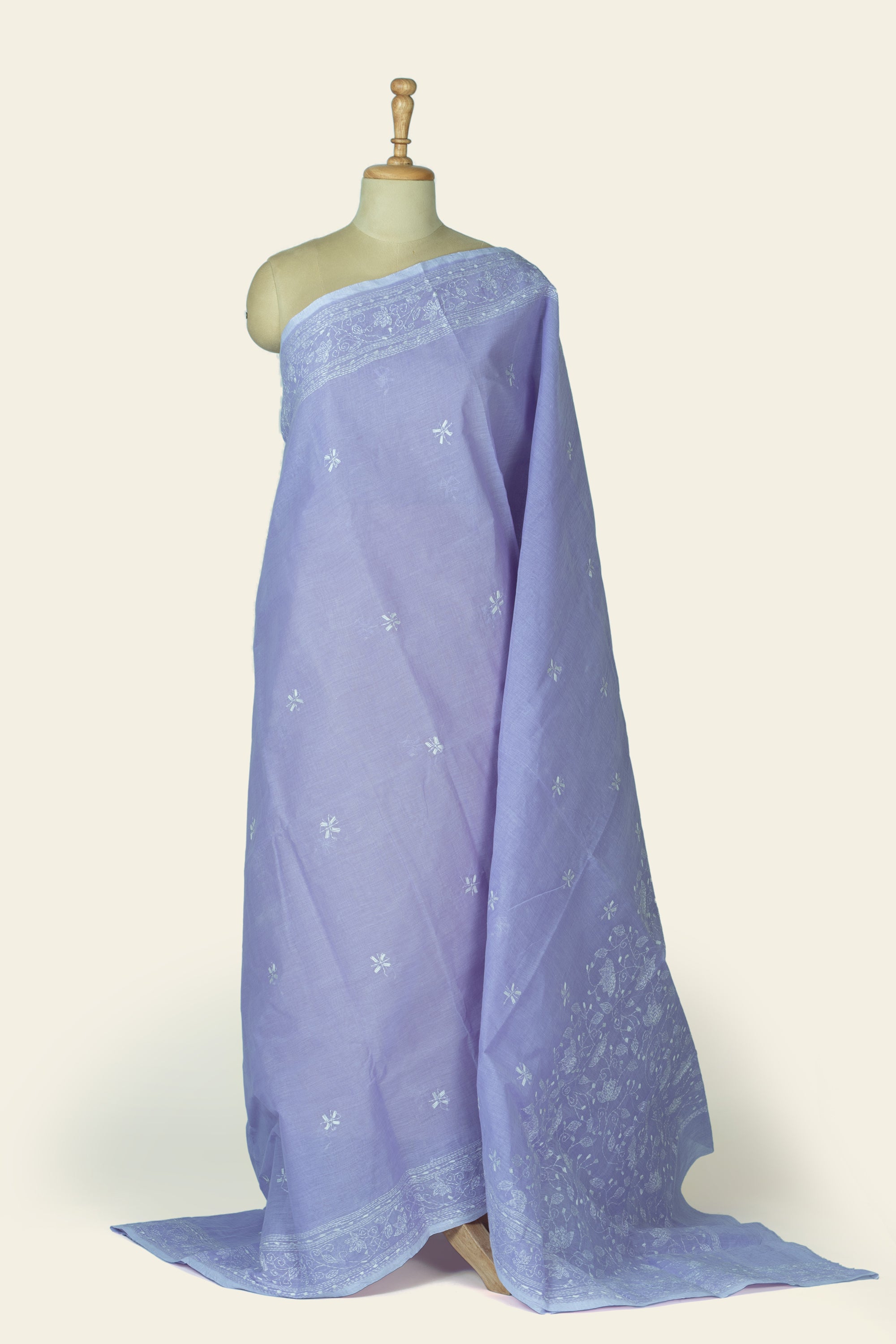 Light Lavender Bengal Kantha Stitch Pure Cotton Saree