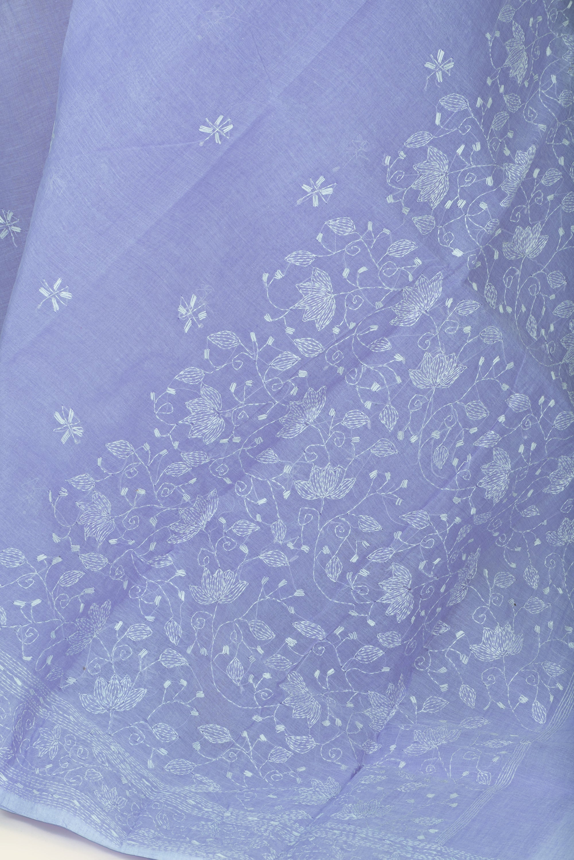 Light Lavender Bengal Kantha Stitch Pure Cotton Saree