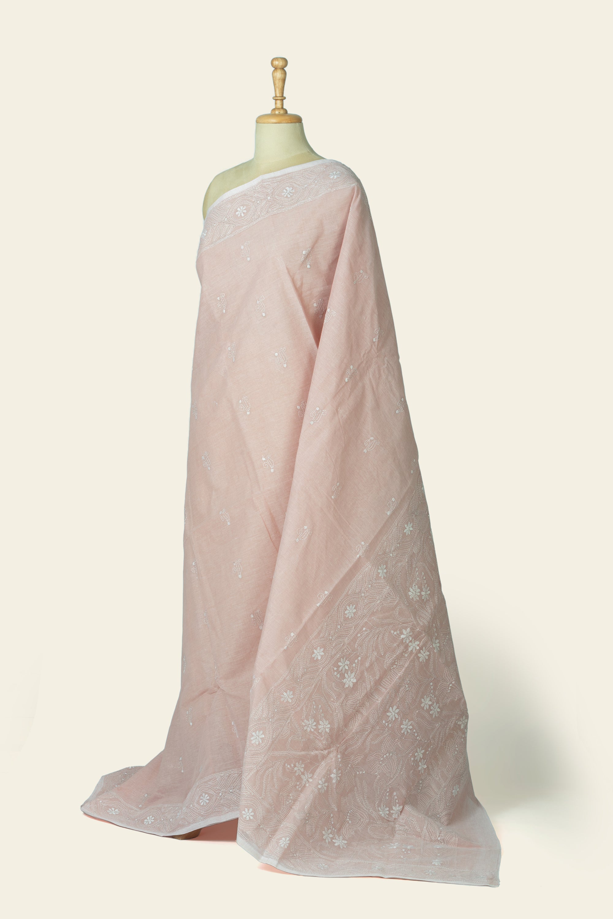 Peach Bengal Kantha Stitch Pure Cotton Saree