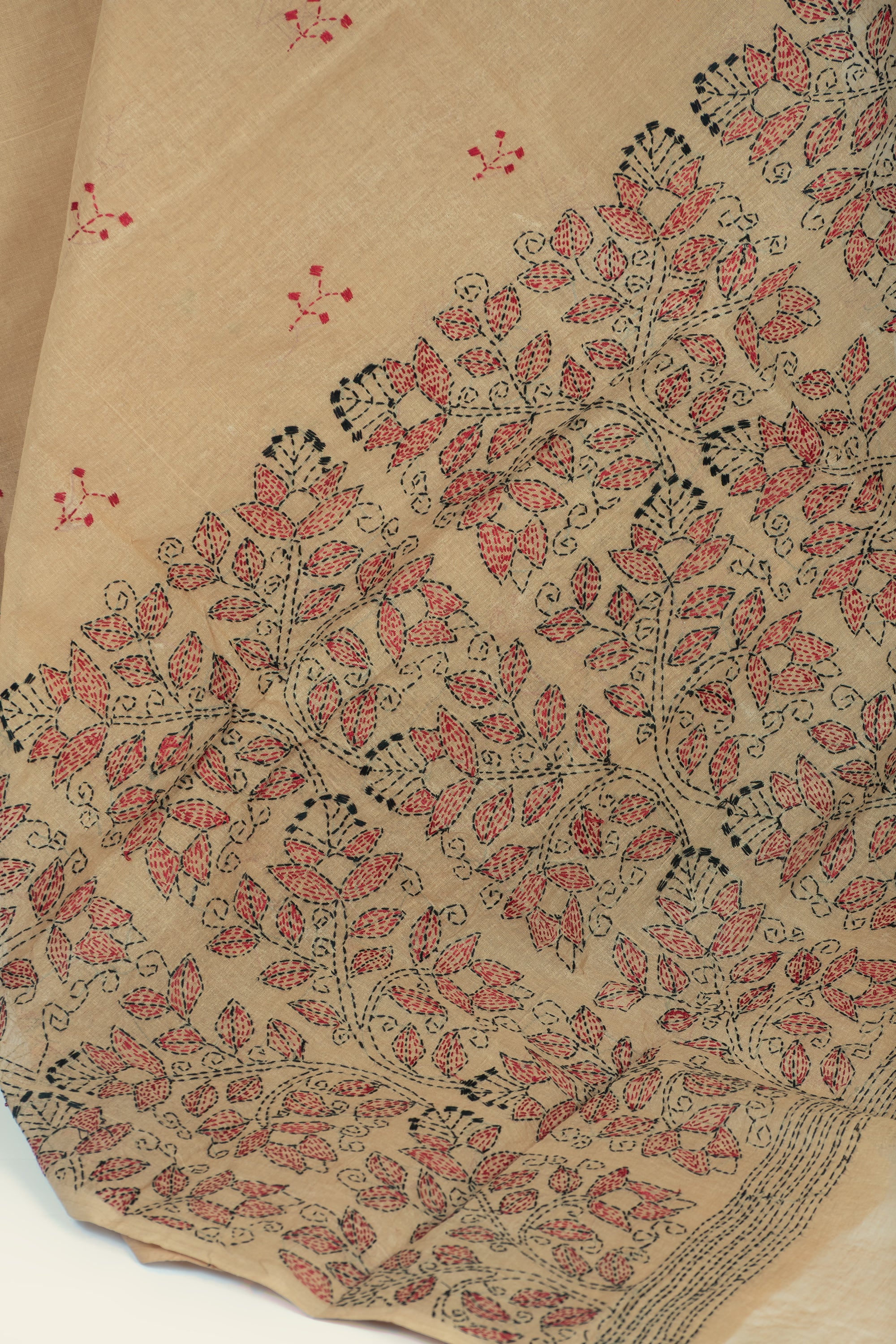 Light Brown Bengal Kantha Stitch Pure Cotton Saree