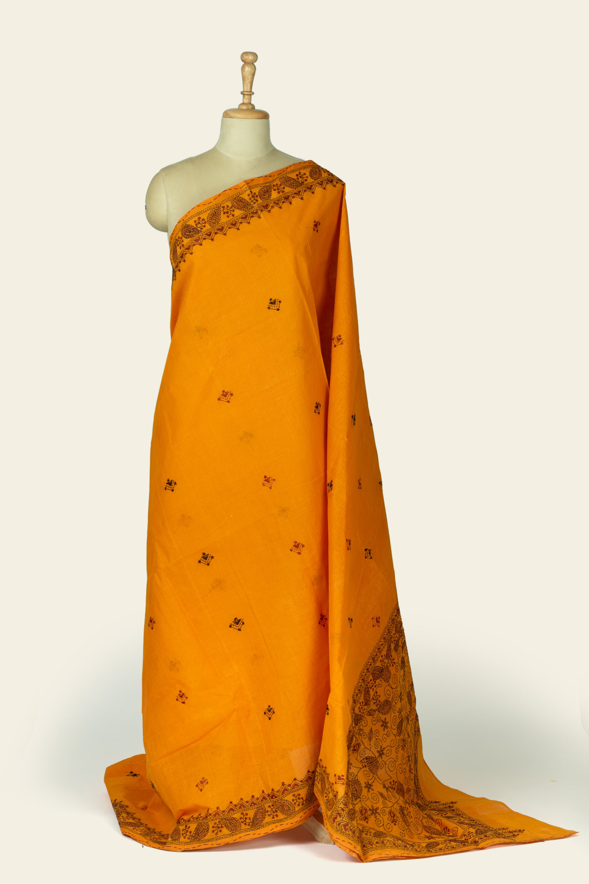 Orange Bengal Kantha Stitch Pure Cotton Saree