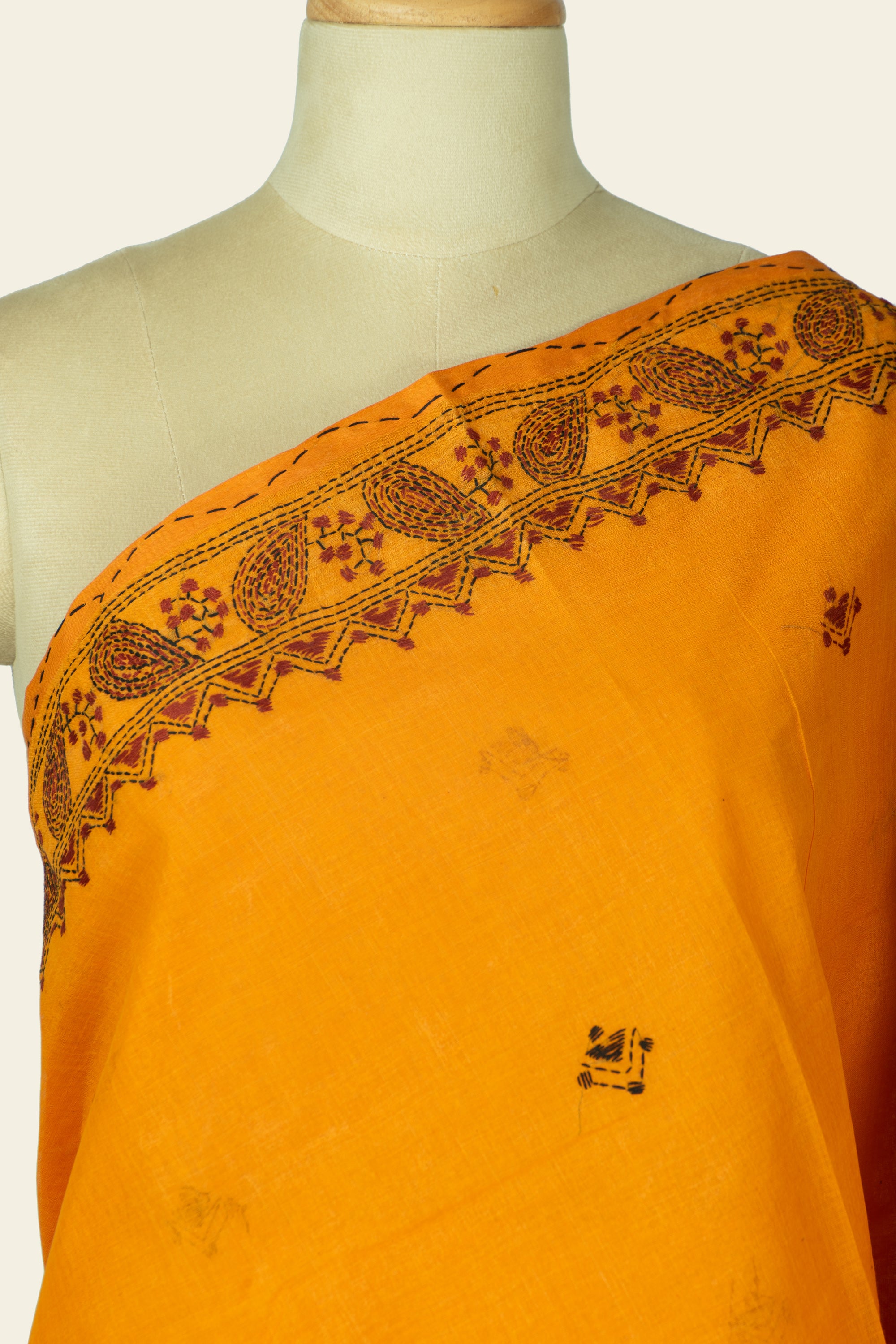 Orange Bengal Kantha Stitch Pure Cotton Saree