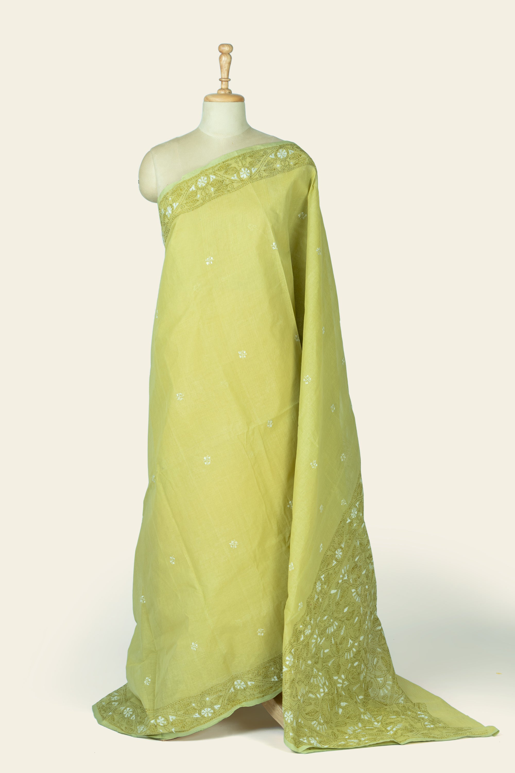 Henna Green Bengal Kantha Stitch Pure Cotton Saree