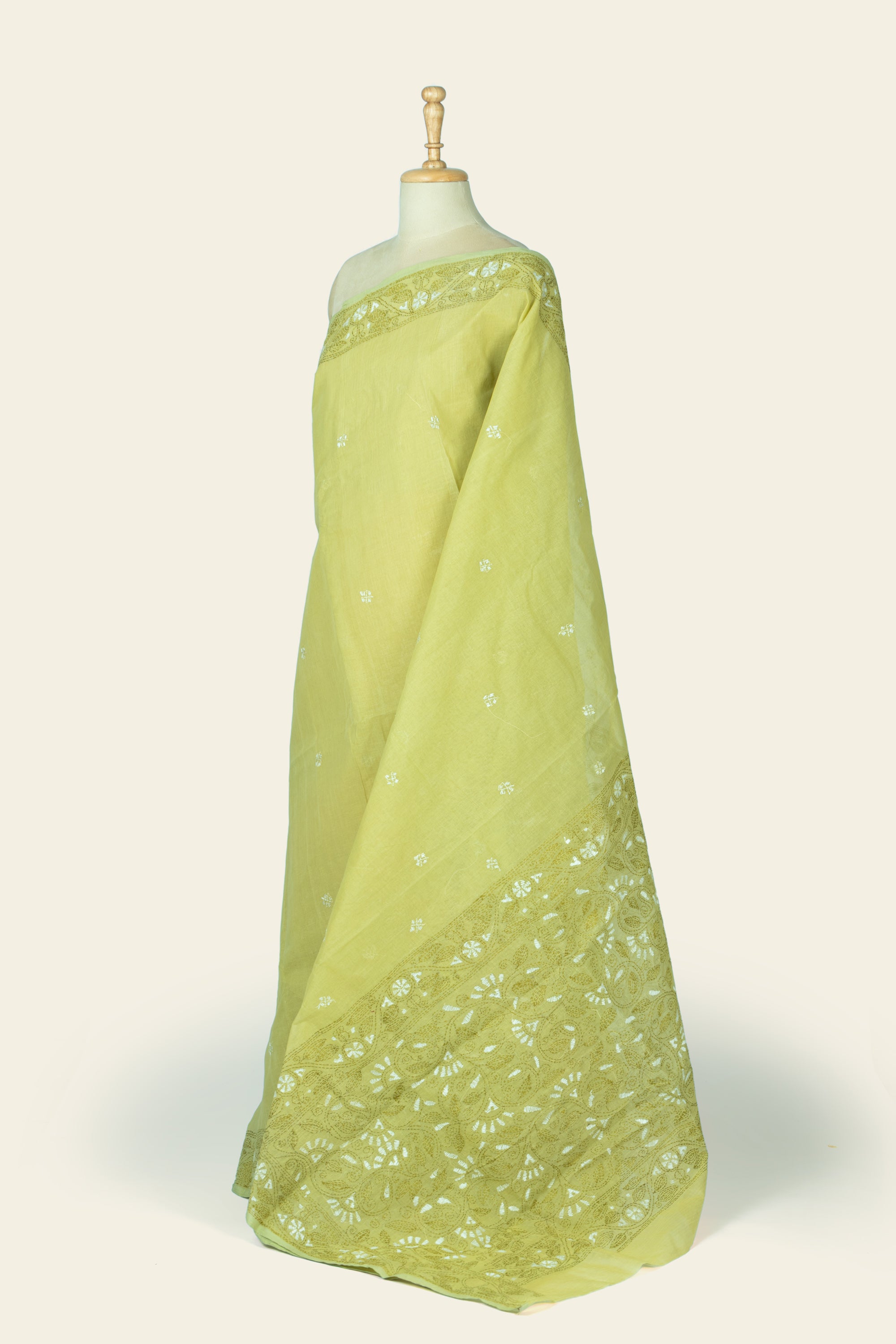 Henna Green Bengal Kantha Stitch Pure Cotton Saree