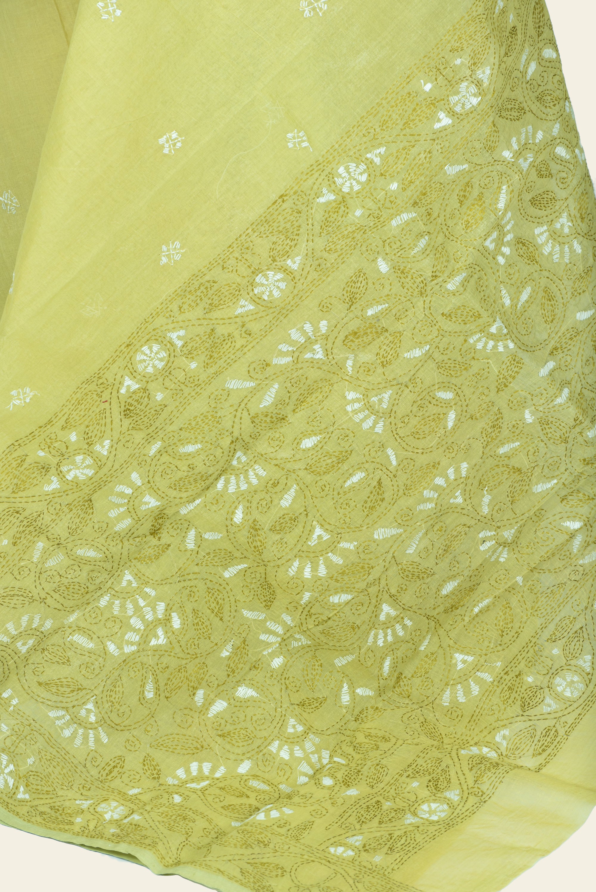 Henna Green Bengal Kantha Stitch Pure Cotton Saree