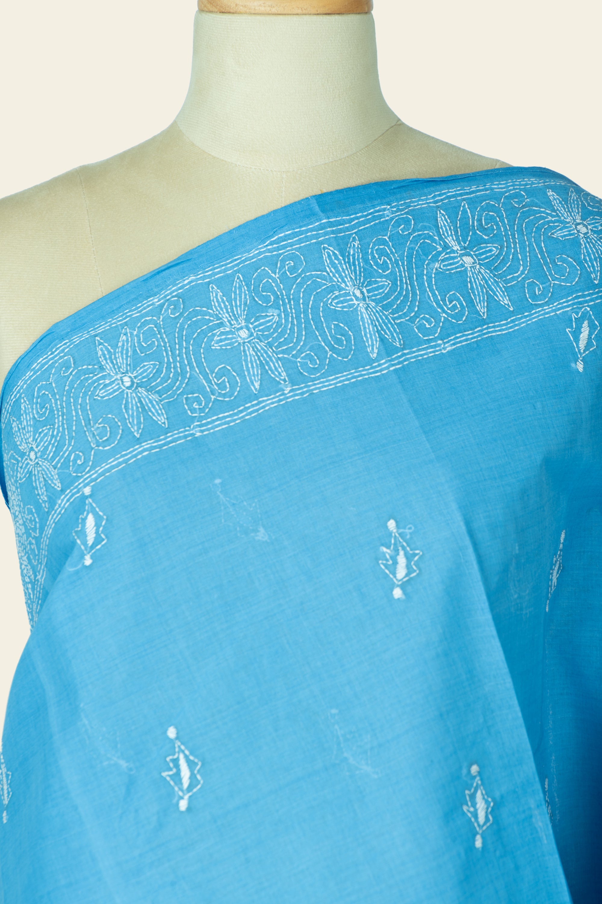 Calm Blue Bengal Kantha Stitch Pure Cotton Saree