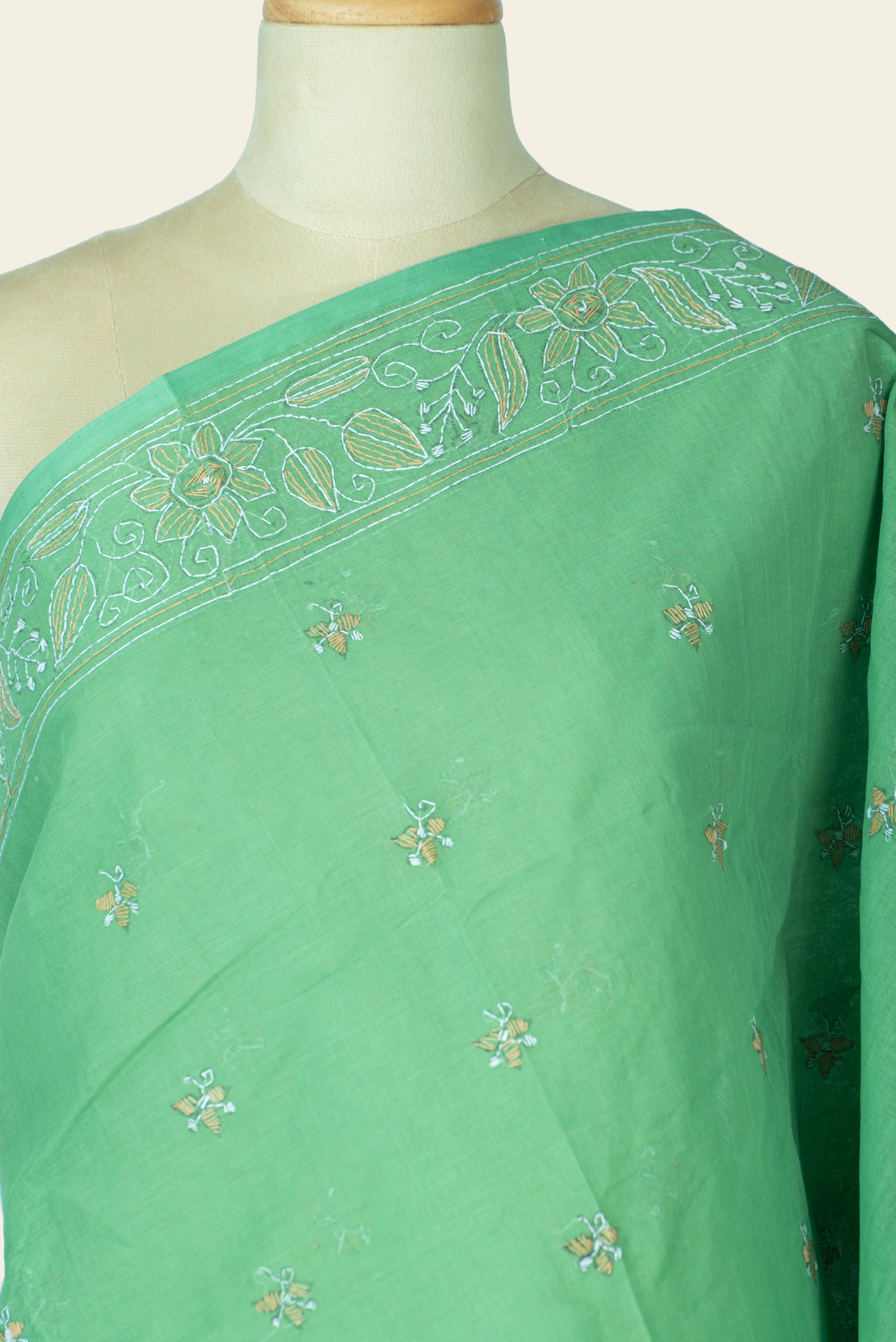 Green Bengal Kantha Stitch Pure Cotton Saree