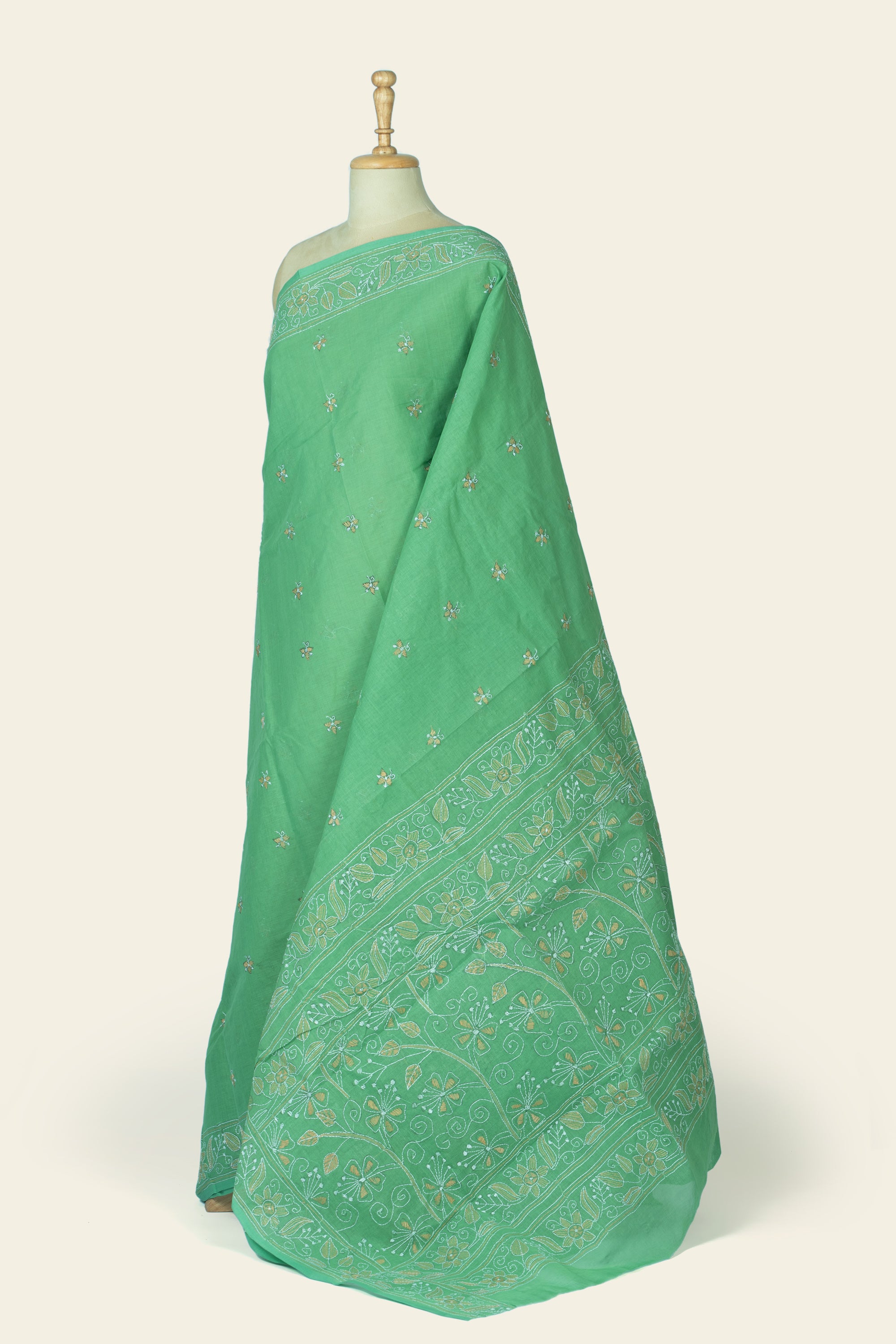 Green Bengal Kantha Stitch Pure Cotton Saree
