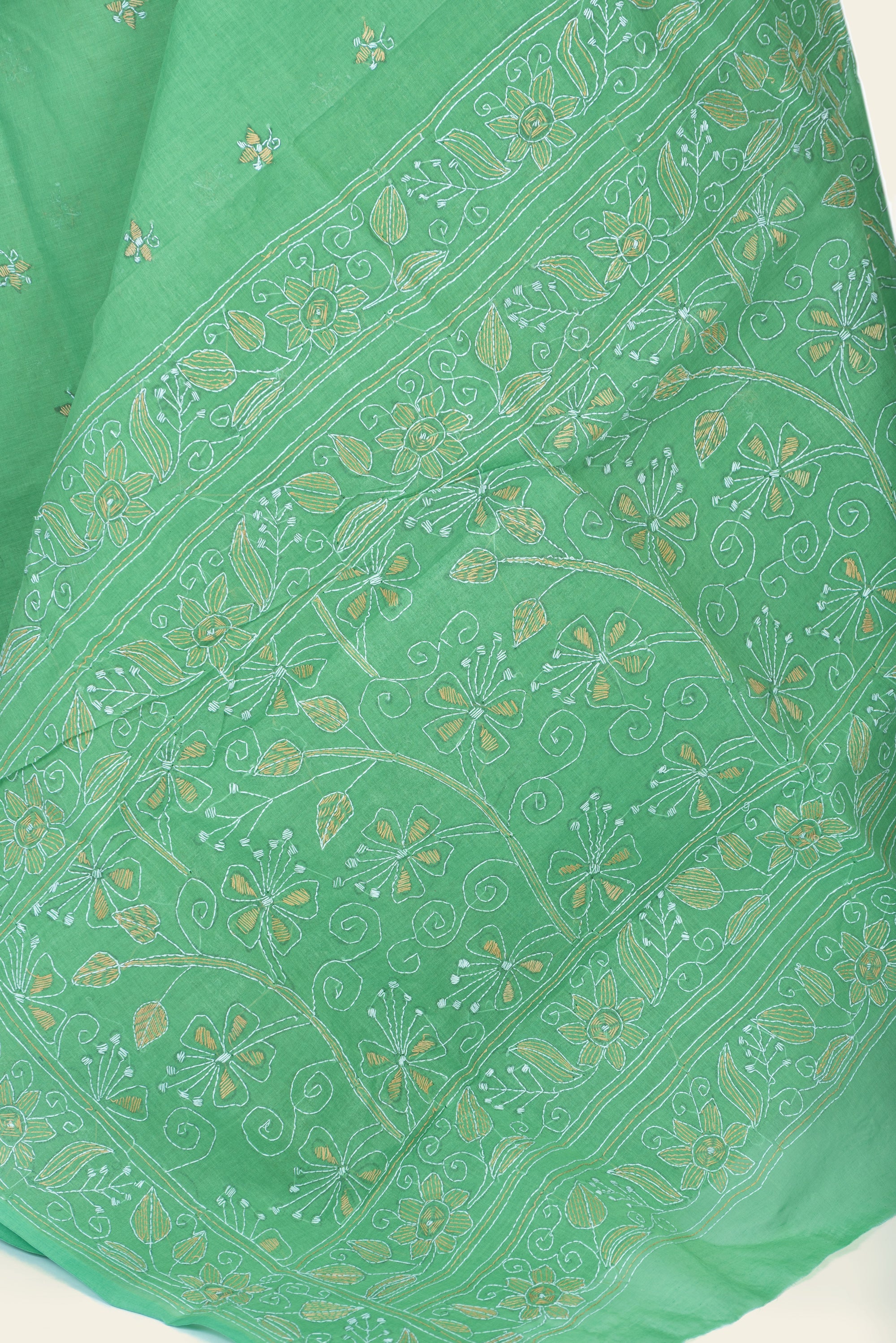 Green Bengal Kantha Stitch Pure Cotton Saree