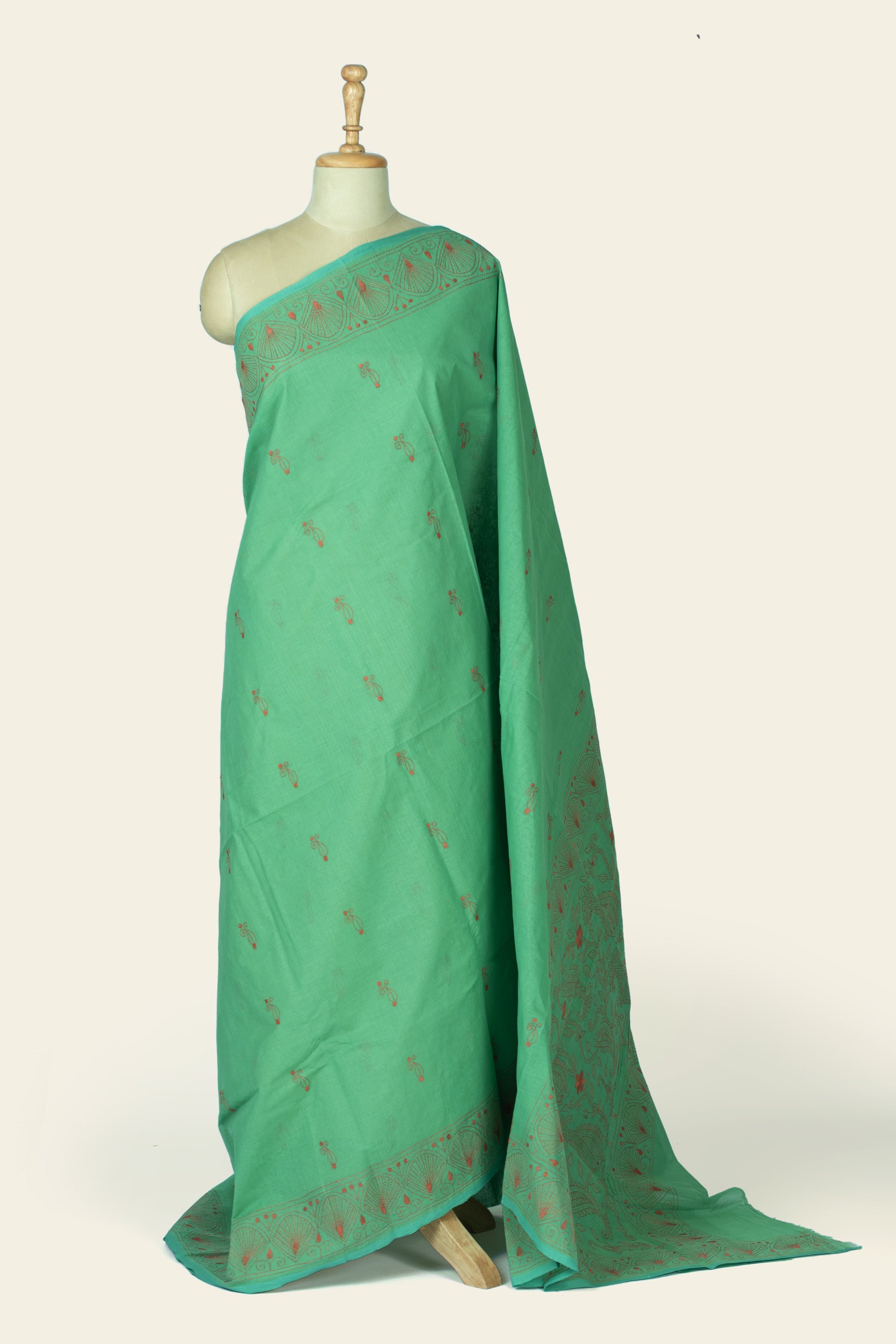 Dusty Green Bengal Kantha Stitch Pure Cotton Saree