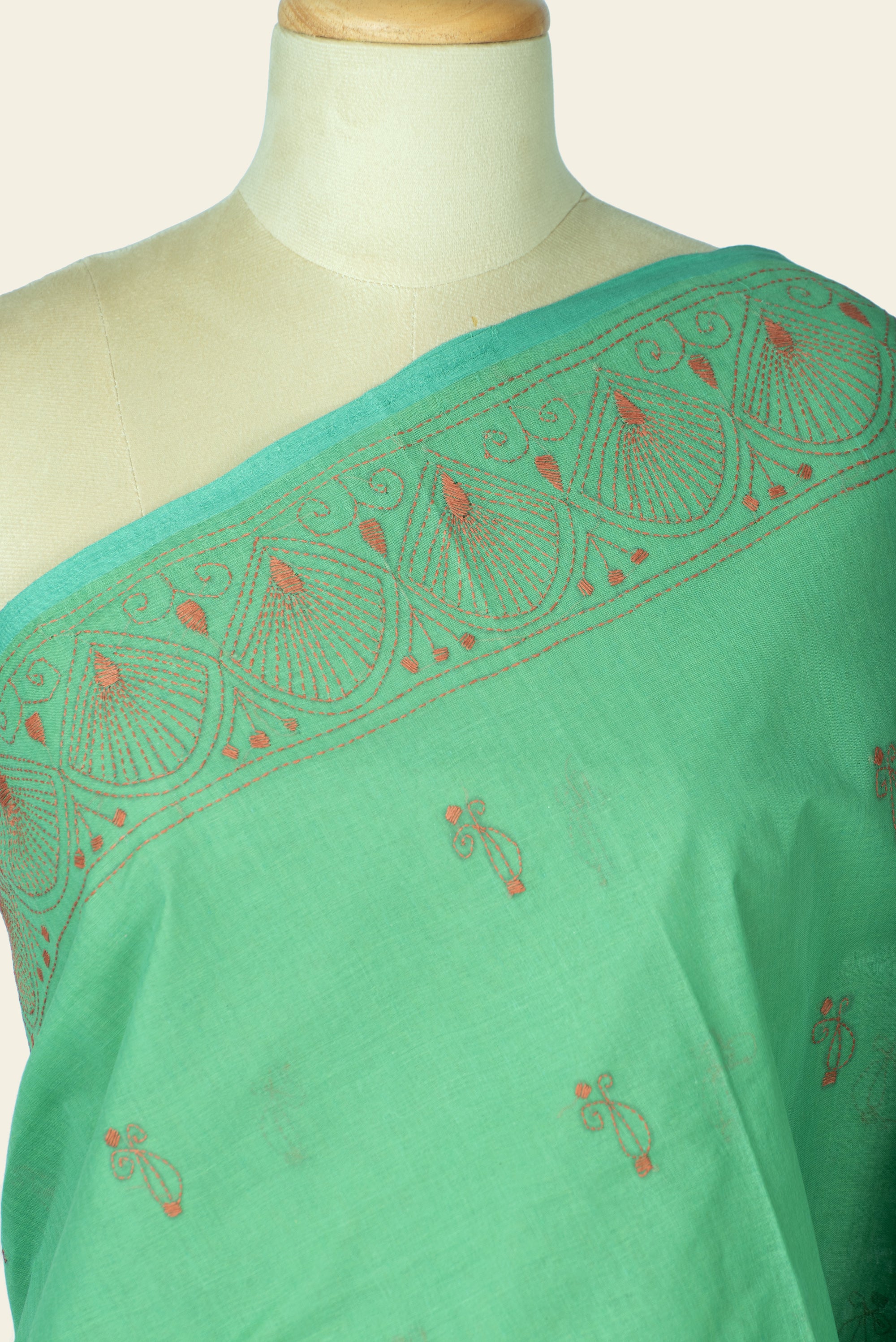 Dusty Green Bengal Kantha Stitch Pure Cotton Saree
