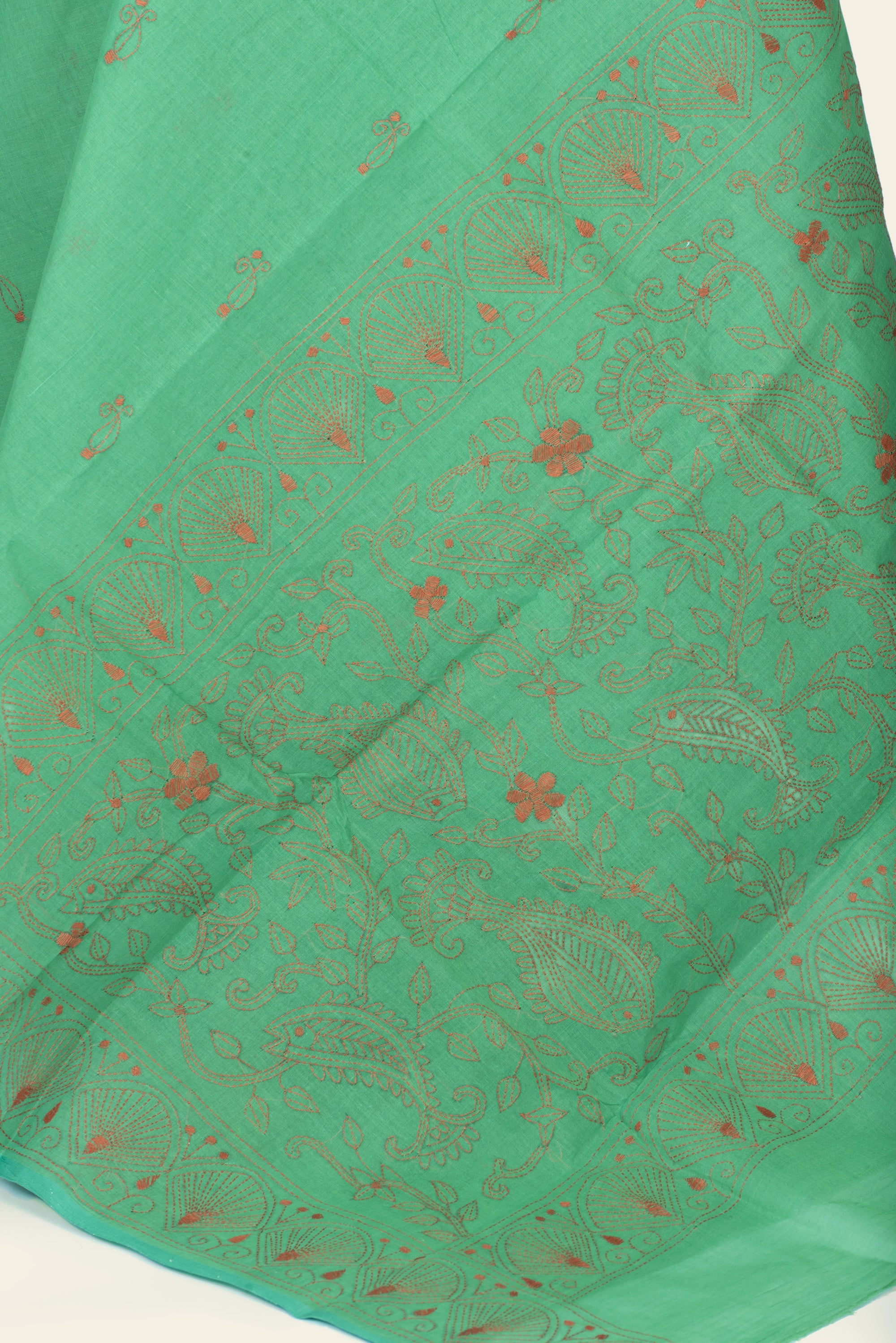 Dusty Green Bengal Kantha Stitch Pure Cotton Saree