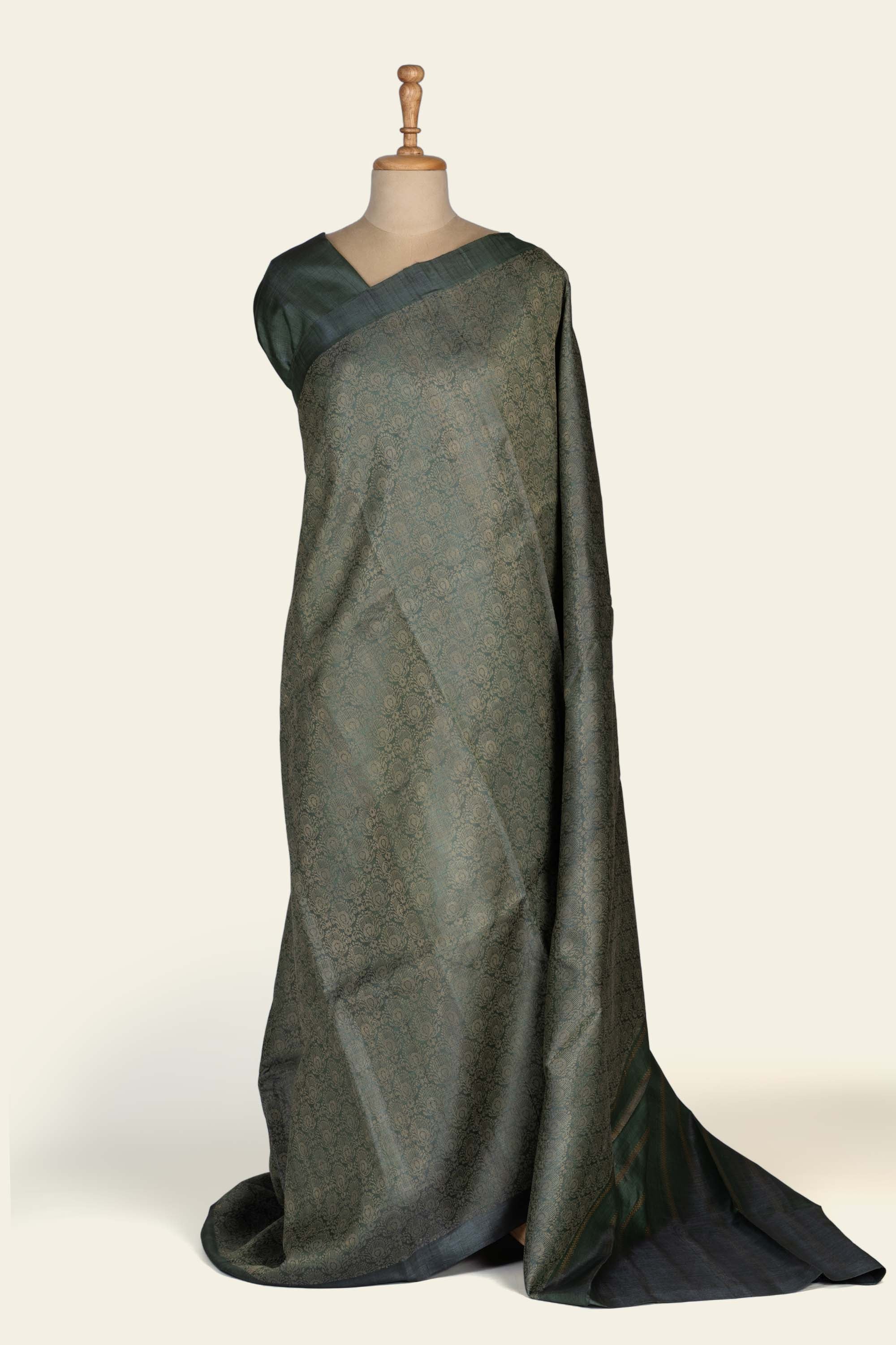 Dark Sage Green Brocade Chhattisgarh Pure Tussar Silk Saree