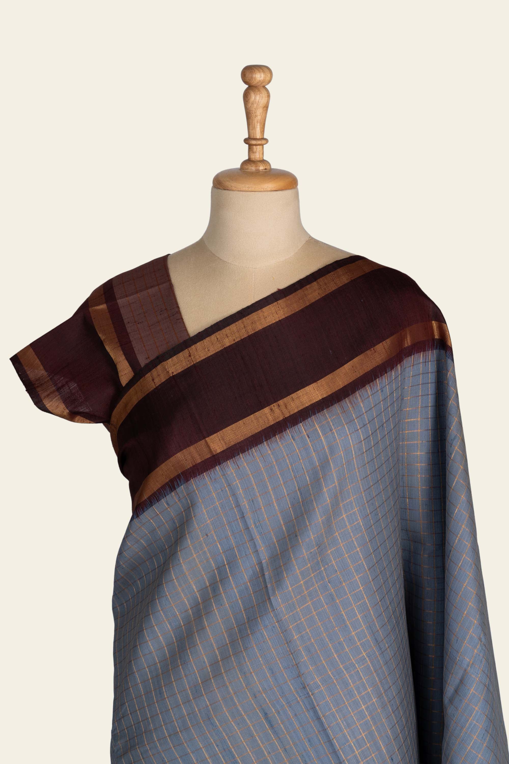 Powdered Blue Check Chhattisgarh Raw Silk Saree