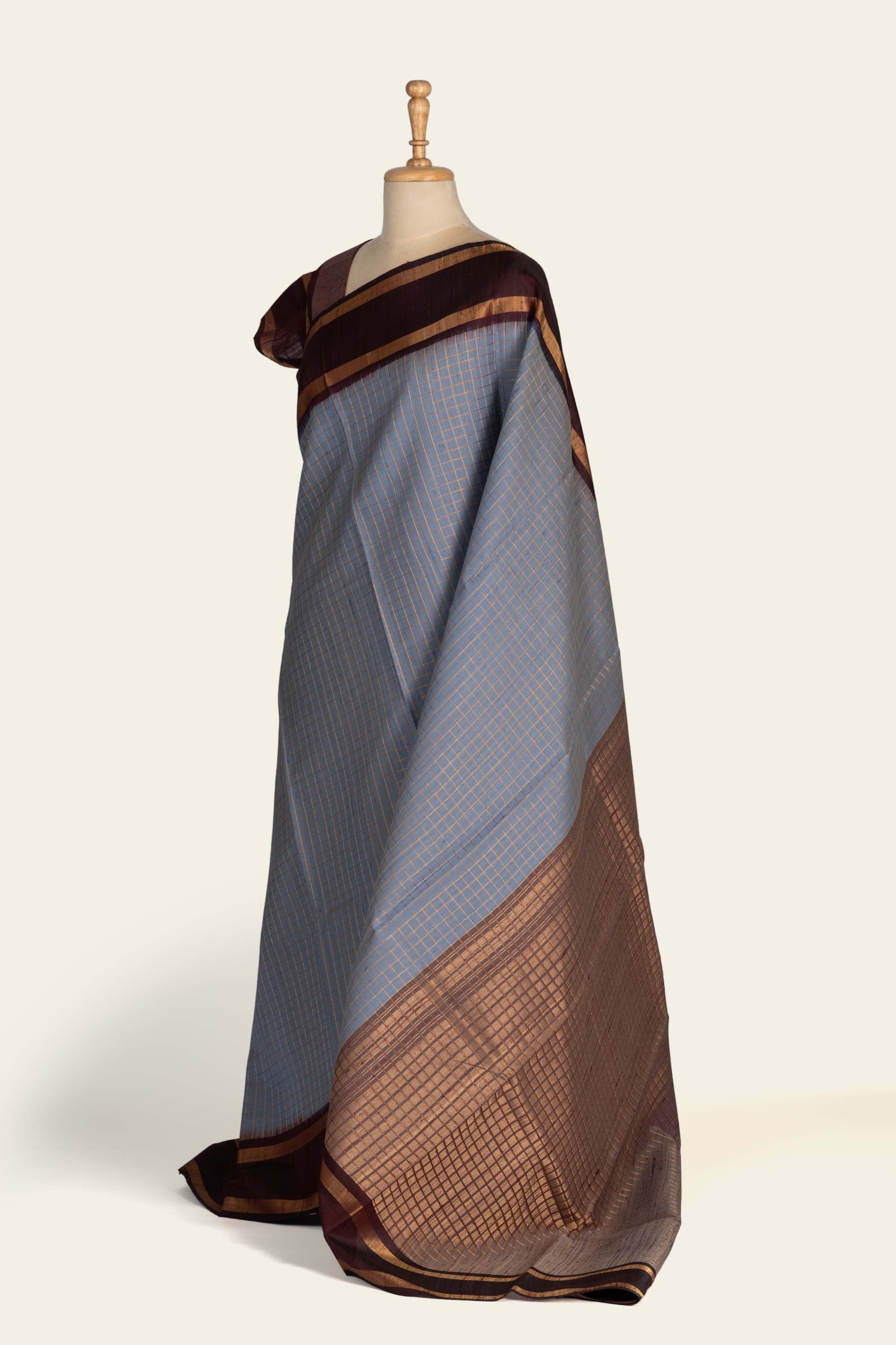 Powdered Blue Check Chhattisgarh Raw Silk Saree