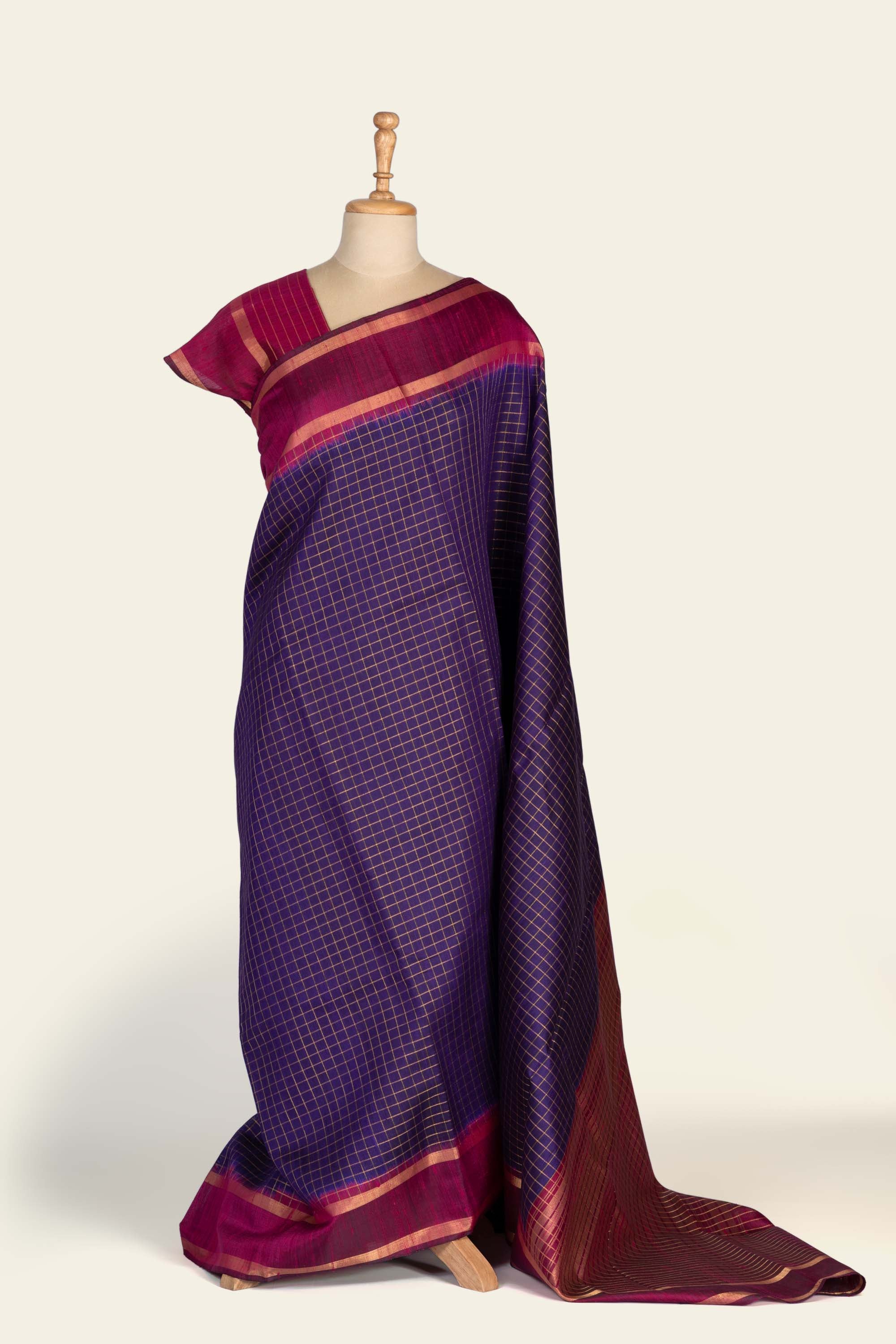 Purple Check Chhattisgarh Raw Silk Saree