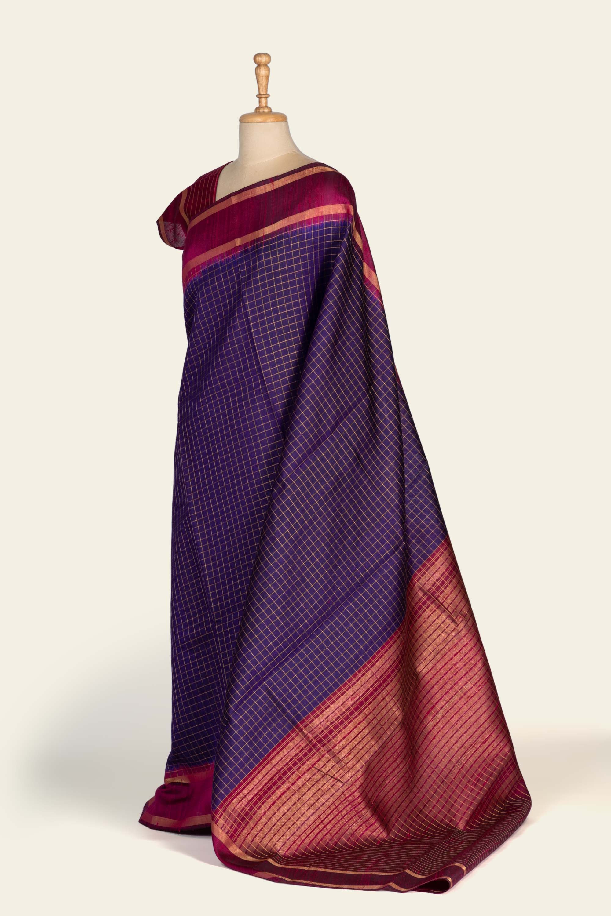 Purple Check Chhattisgarh Raw Silk Saree