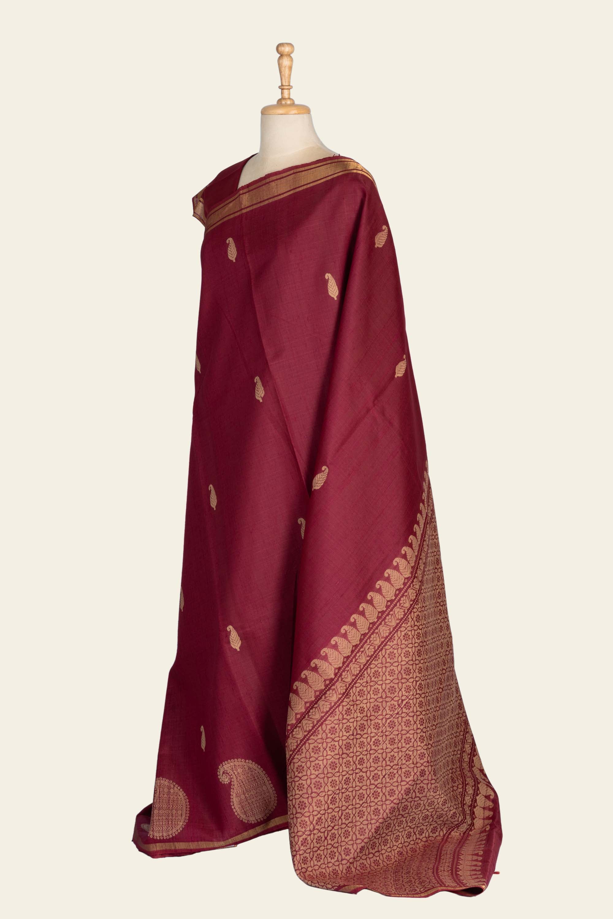 Burgundy Maroon Chhattisgarh Raw Silk Saree