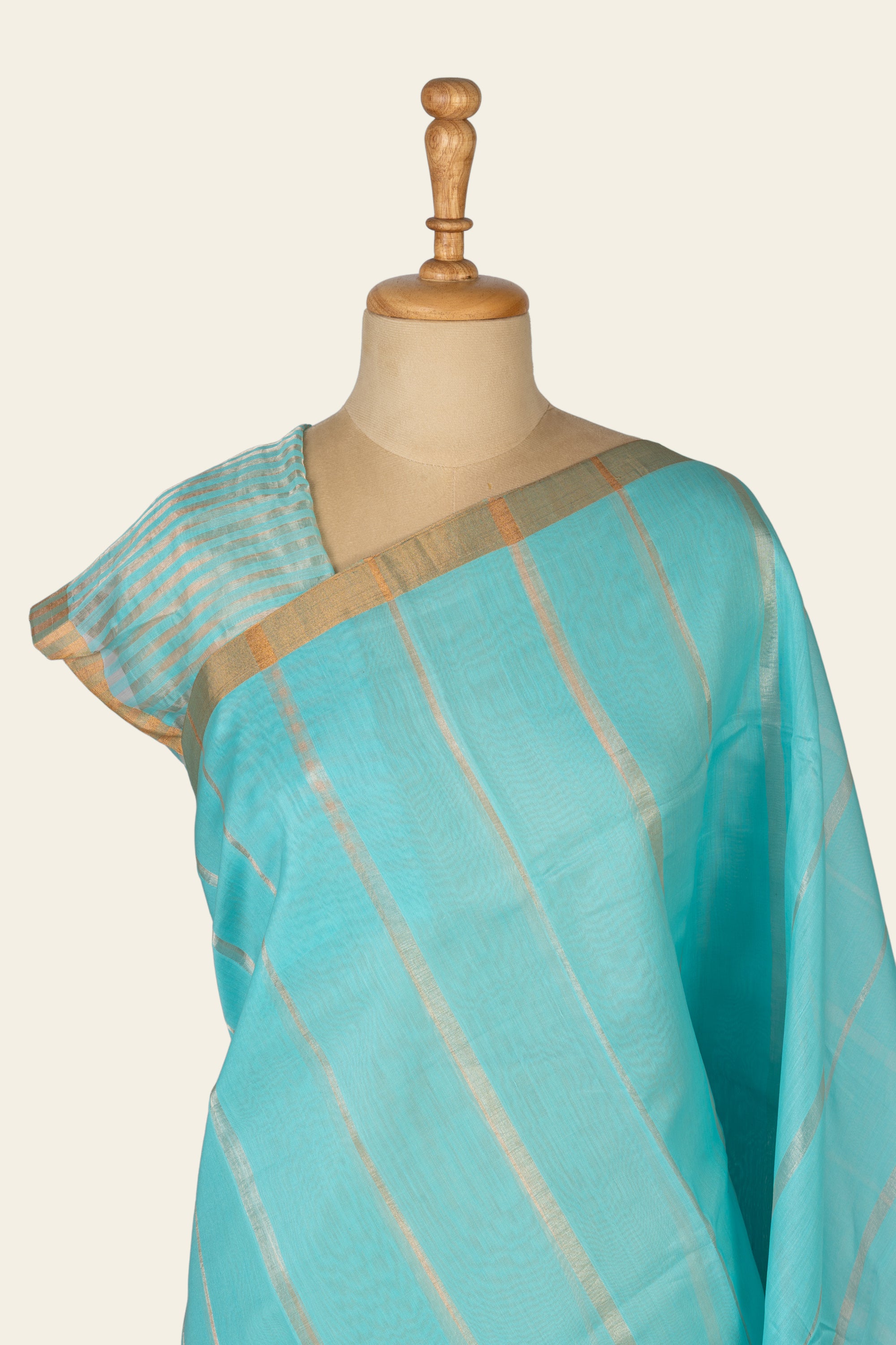 Aqua Blue Stripe Chanderi Silk Cotton Saree