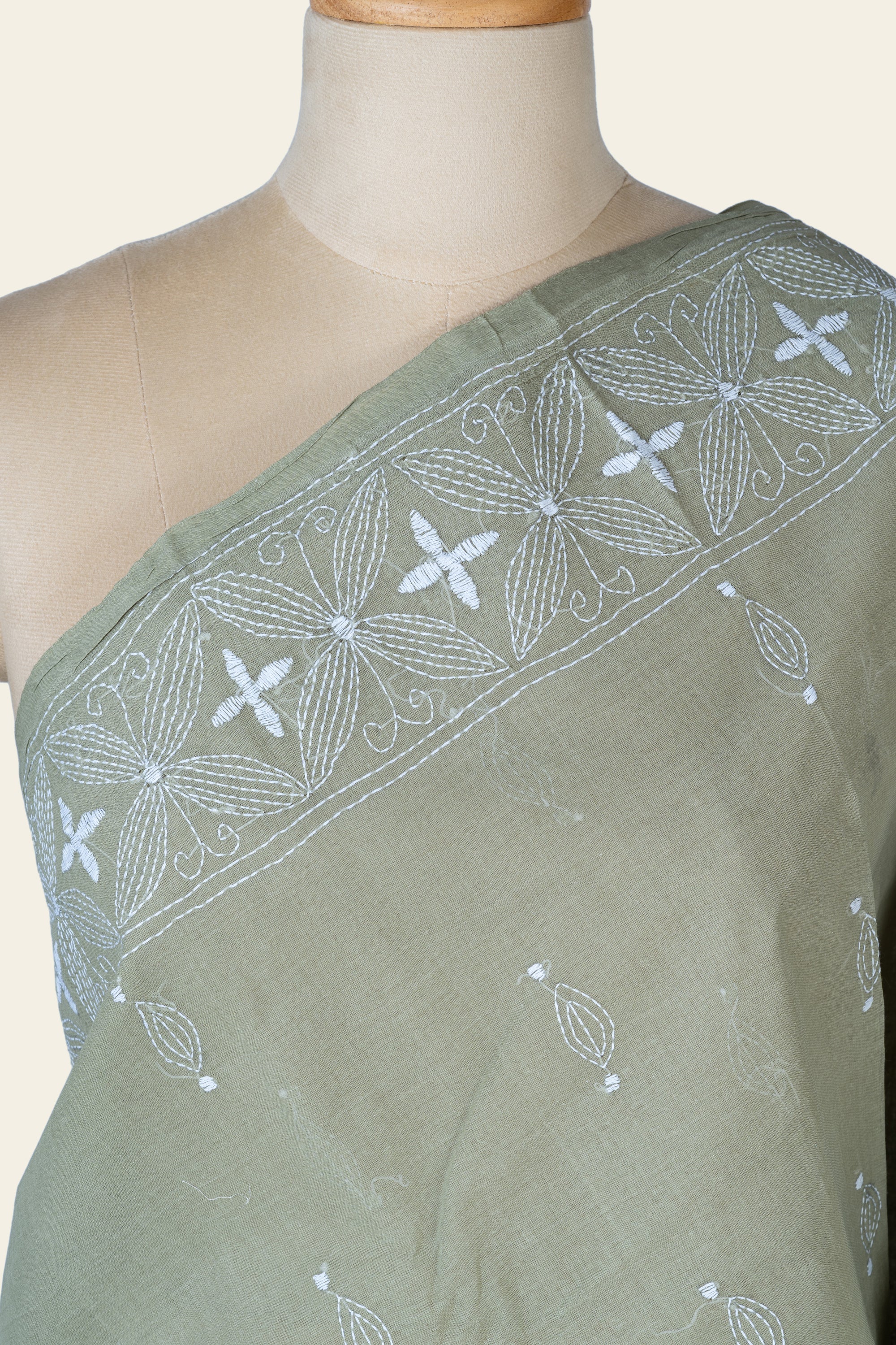 Olive Beige Bengal Kantha Stitch Pure Cotton Saree