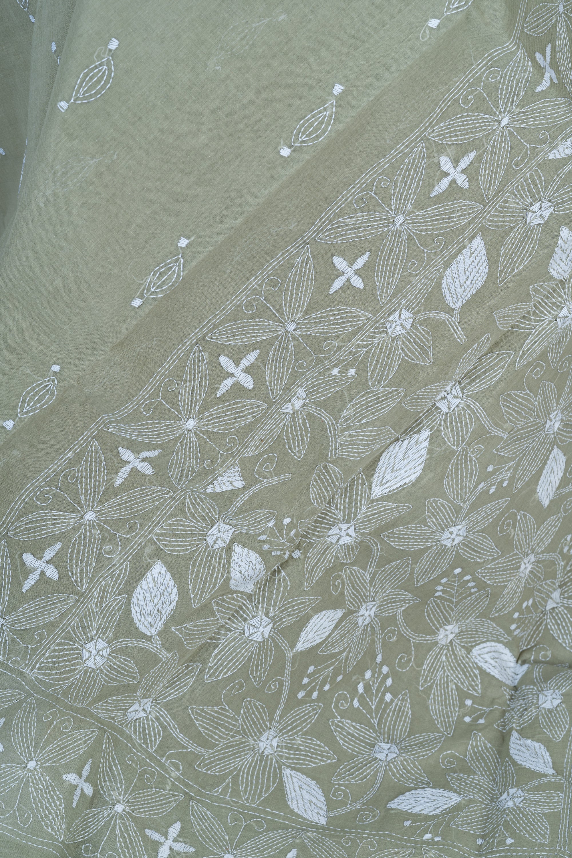 Olive Beige Bengal Kantha Stitch Pure Cotton Saree