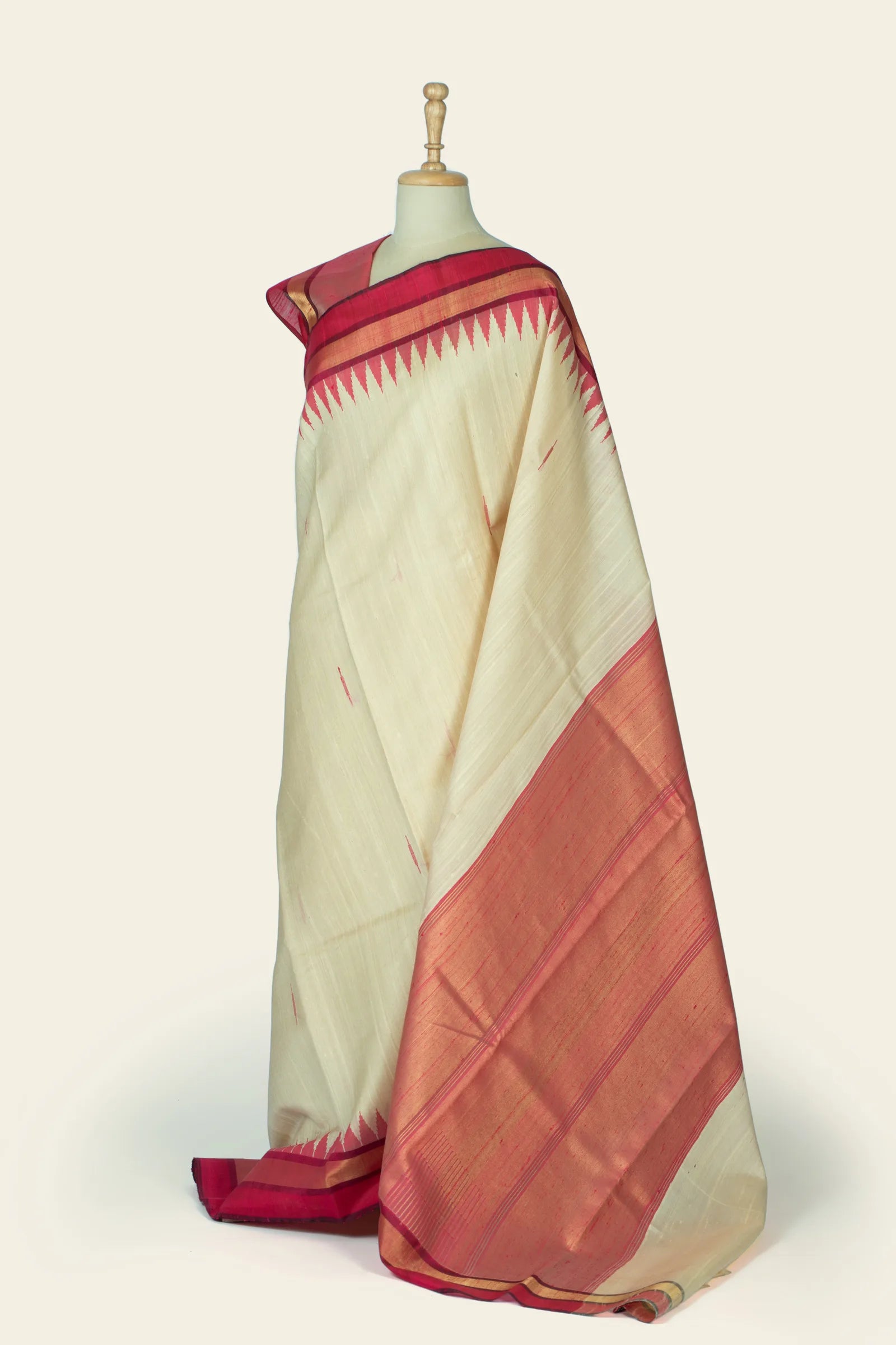 White Raw Silk Handwoven Saree - angled-drape with pallu