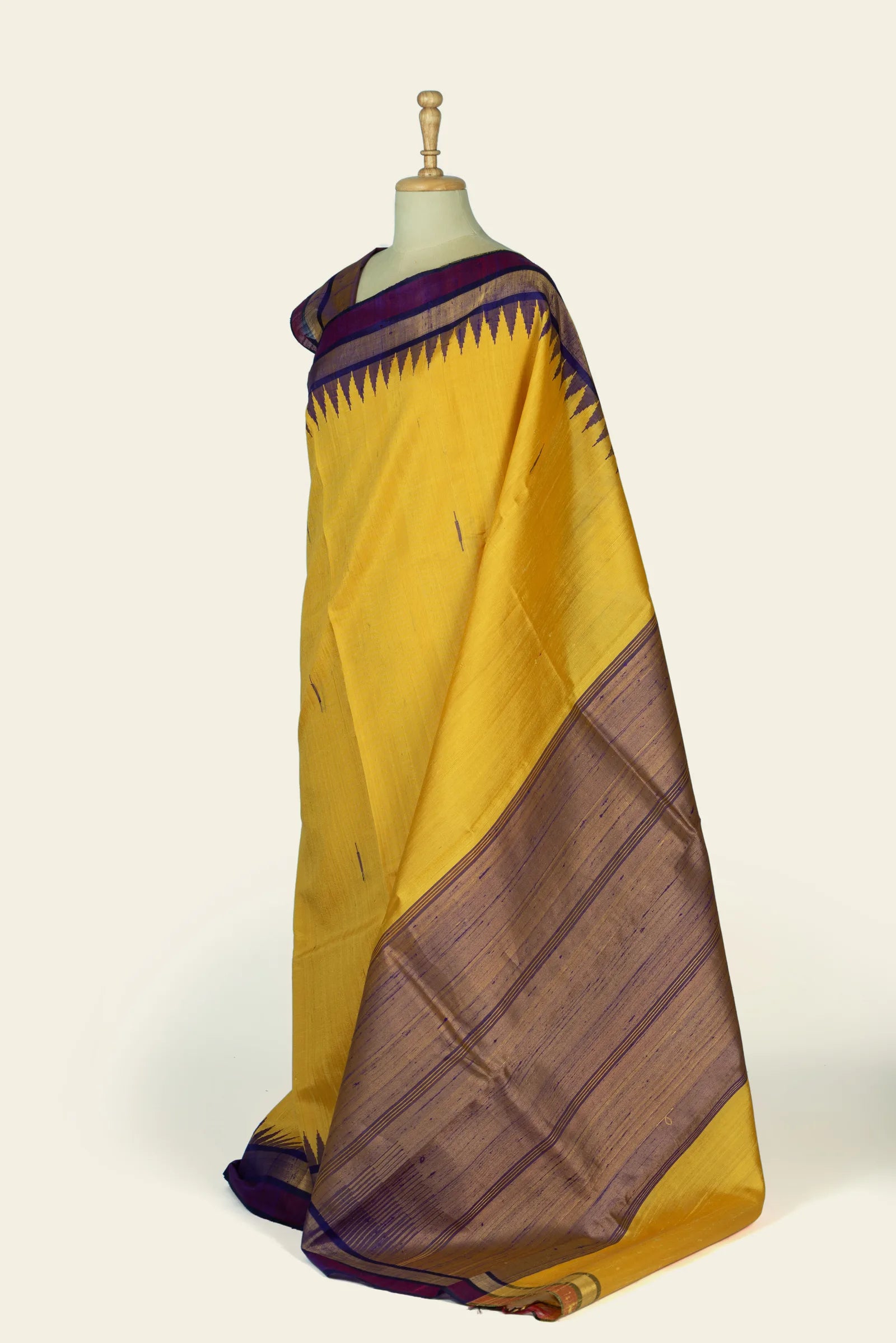 Yellow Raw Silk Handwoven Saree - angled-drape with pallu
