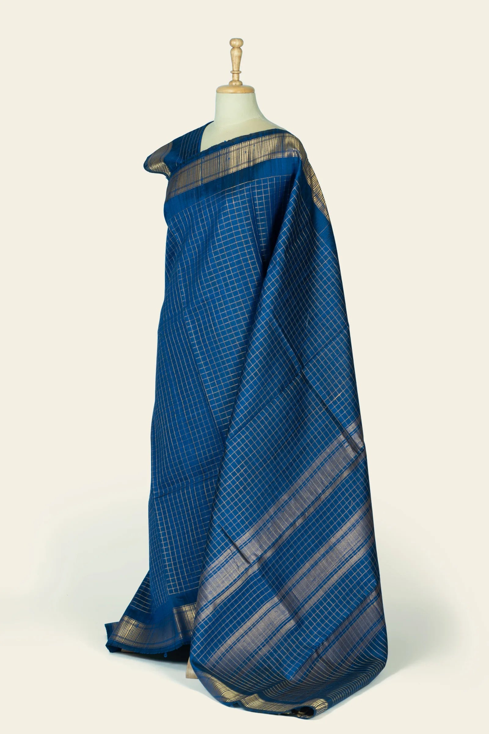 Blue Raw Silk Handwoven Saree - angled-drape with pallu