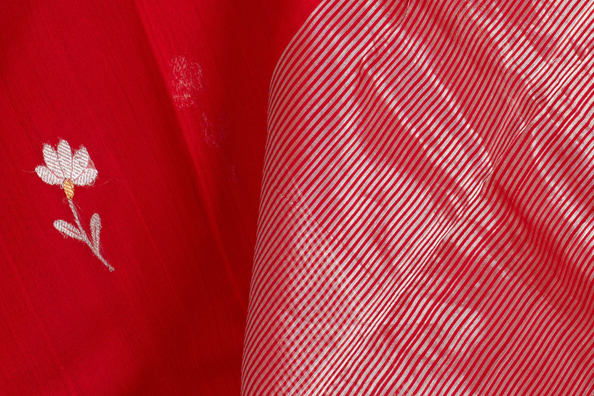 Red Handloom Chanderi saree with motif and stripes, explore our festive collection  