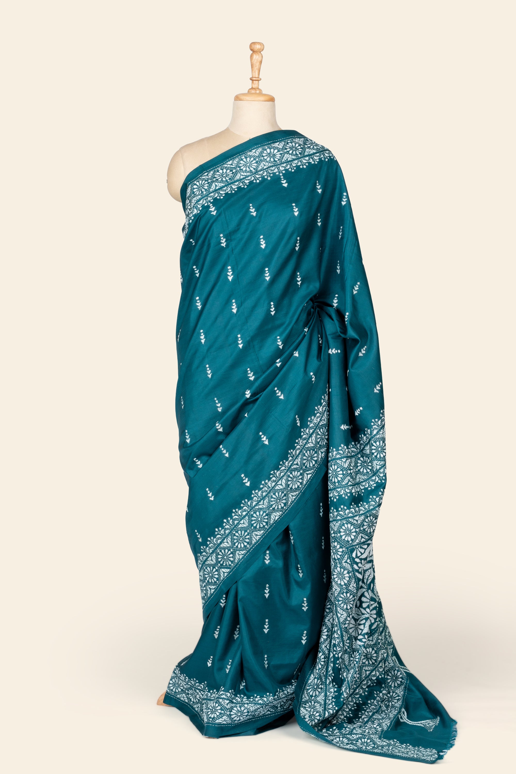 Teal Blue Bengal Kantha Stitch Pure Silk Saree