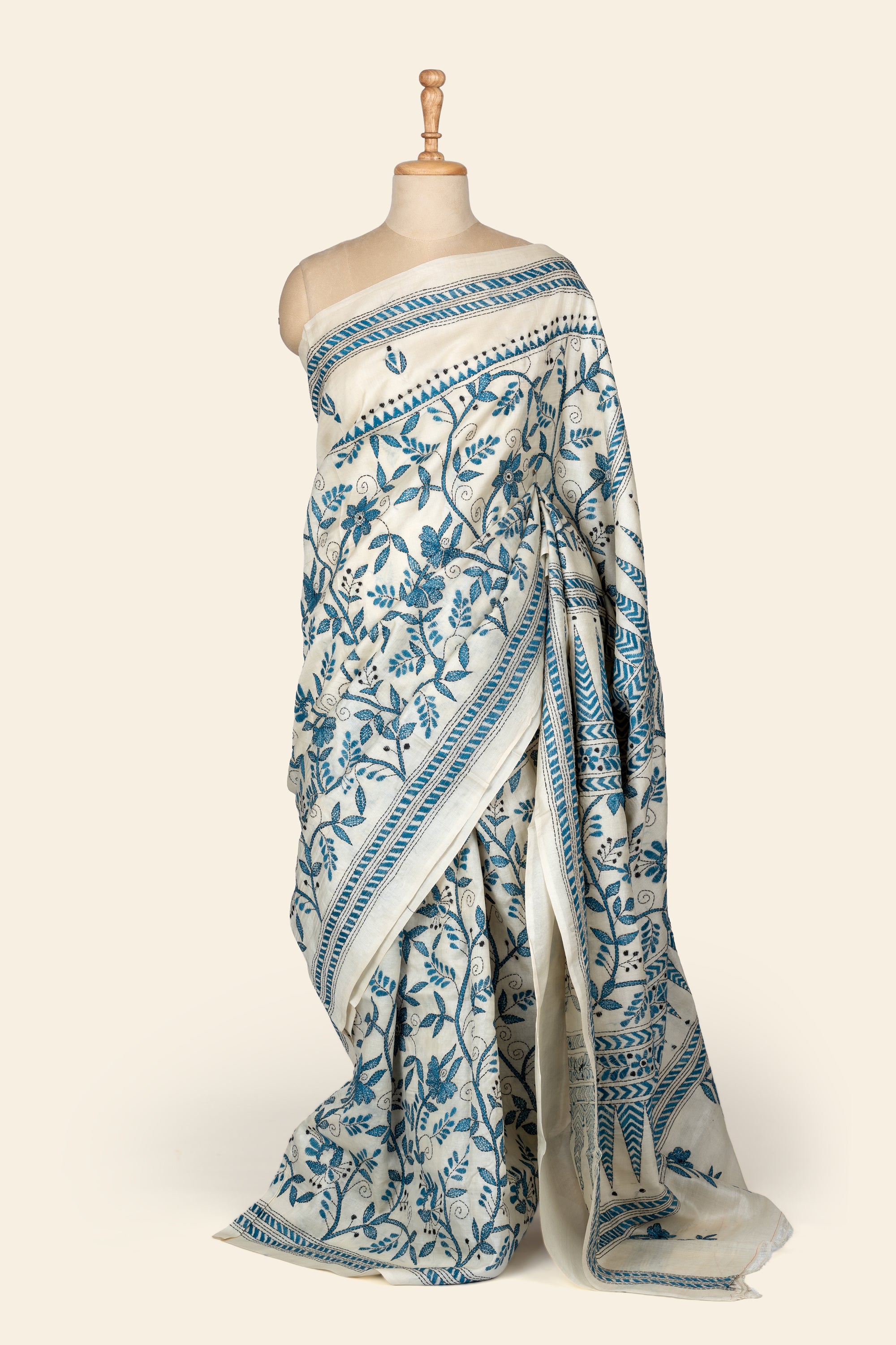 Natural and Blue Bengal Kantha Stitch Tussar Silk Saree